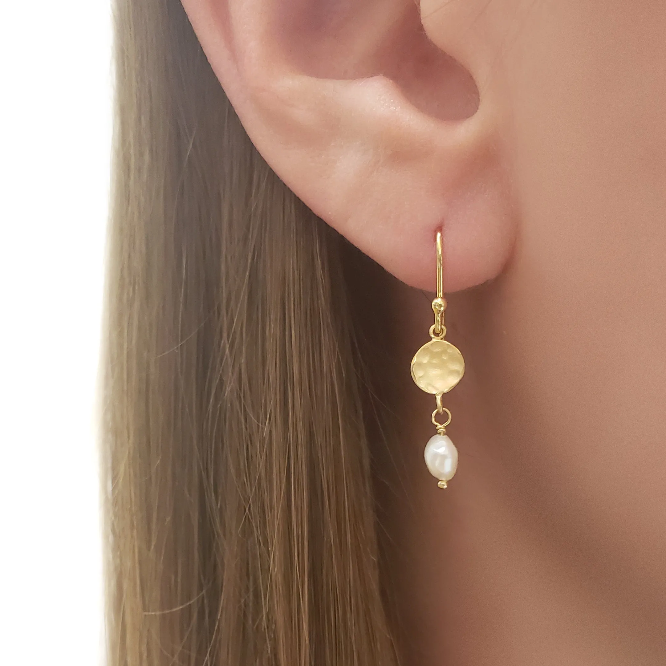 Nugget Pearl Drop Hammered Disc Earrings