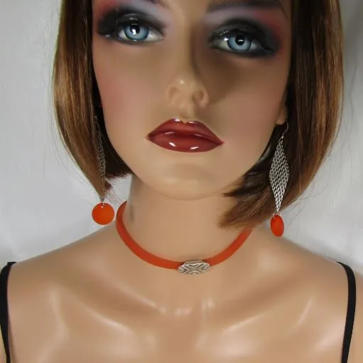 Orange Jelly Band Ribbon Choker & Bracelet Dangling  Earrings