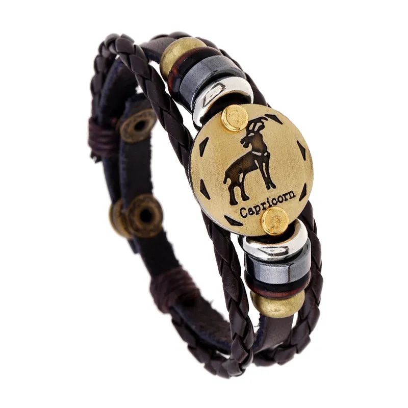 Ornament Beaded 12 Constellation Cattle Leather Bracelet Personalized Birthday Gifts Woven Adjustable Trendy Leather Bracelet