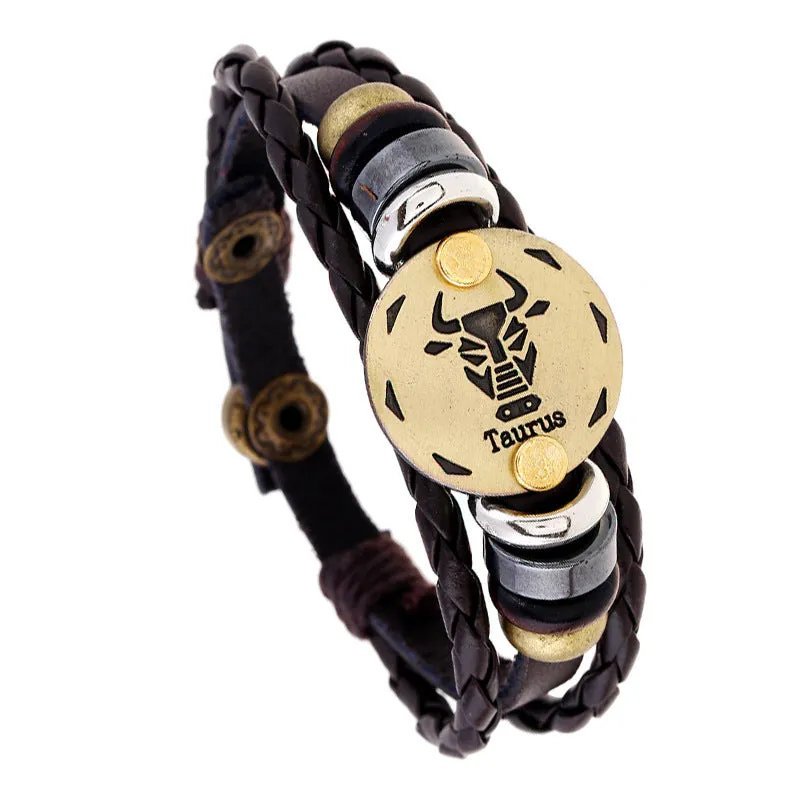 Ornament Beaded 12 Constellation Cattle Leather Bracelet Personalized Birthday Gifts Woven Adjustable Trendy Leather Bracelet