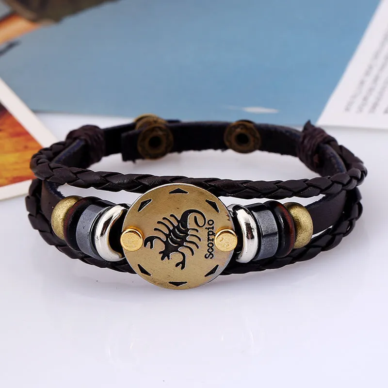Ornament Beaded 12 Constellation Cattle Leather Bracelet Personalized Birthday Gifts Woven Adjustable Trendy Leather Bracelet