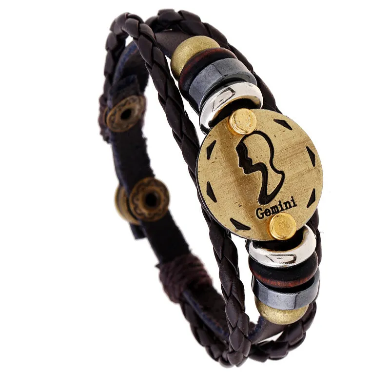 Ornament Beaded 12 Constellation Cattle Leather Bracelet Personalized Birthday Gifts Woven Adjustable Trendy Leather Bracelet