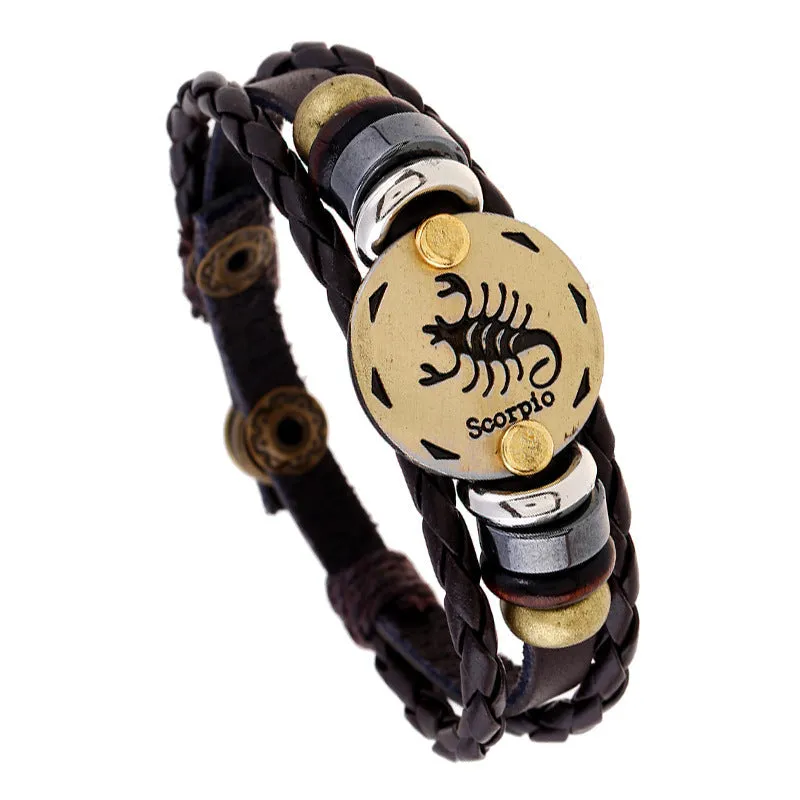 Ornament Beaded 12 Constellation Cattle Leather Bracelet Personalized Birthday Gifts Woven Adjustable Trendy Leather Bracelet