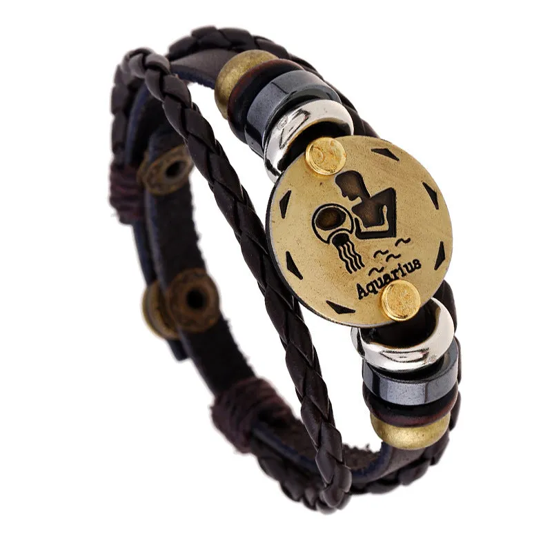 Ornament Beaded 12 Constellation Cattle Leather Bracelet Personalized Birthday Gifts Woven Adjustable Trendy Leather Bracelet