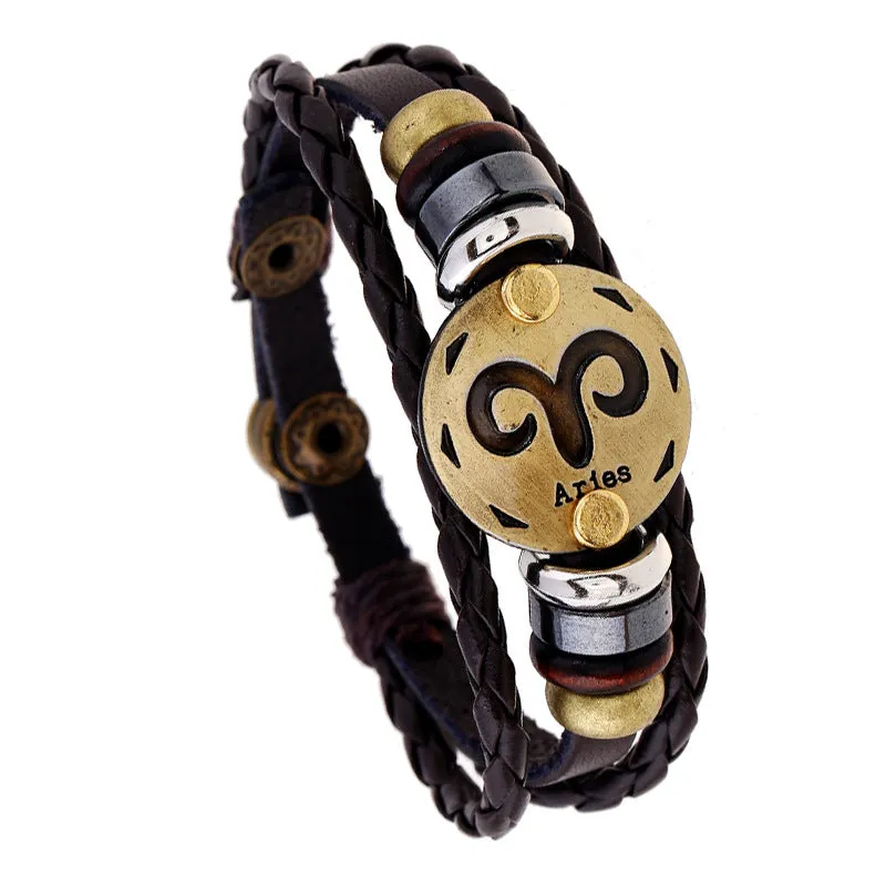 Ornament Beaded 12 Constellation Cattle Leather Bracelet Personalized Birthday Gifts Woven Adjustable Trendy Leather Bracelet