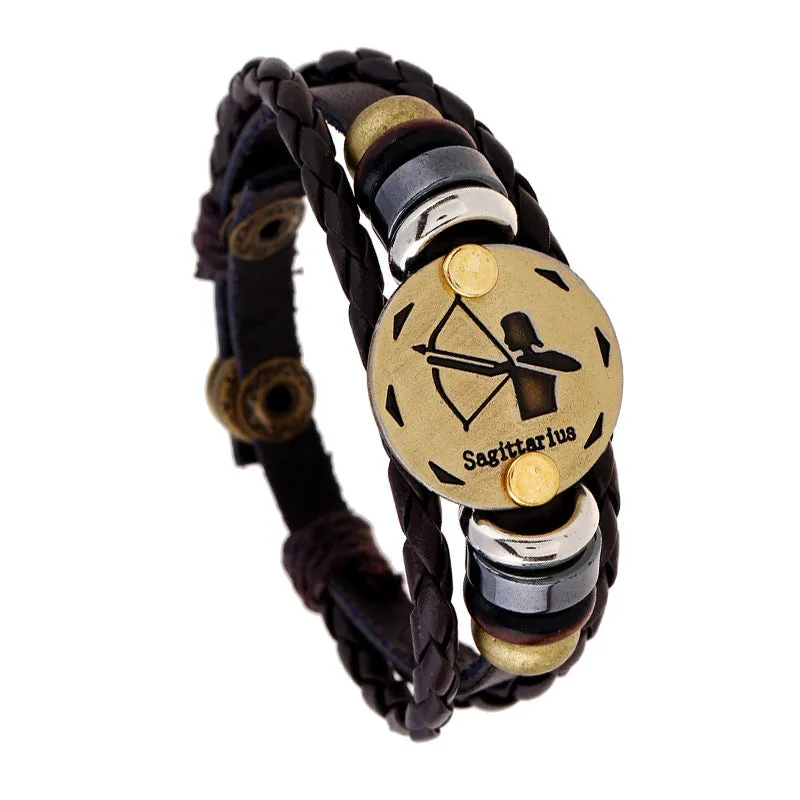 Ornament Beaded 12 Constellation Cattle Leather Bracelet Personalized Birthday Gifts Woven Adjustable Trendy Leather Bracelet