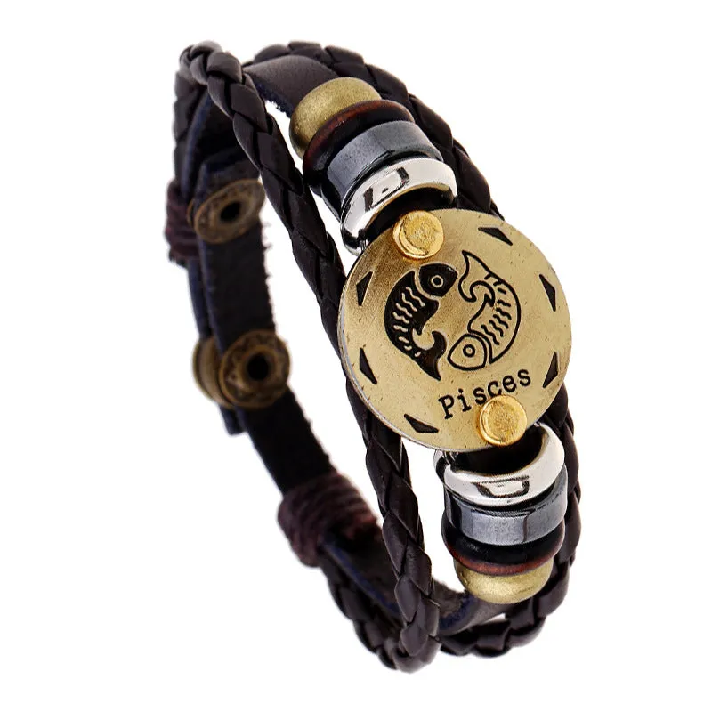 Ornament Beaded 12 Constellation Cattle Leather Bracelet Personalized Birthday Gifts Woven Adjustable Trendy Leather Bracelet