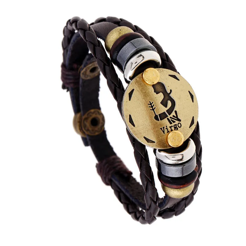 Ornament Beaded 12 Constellation Cattle Leather Bracelet Personalized Birthday Gifts Woven Adjustable Trendy Leather Bracelet