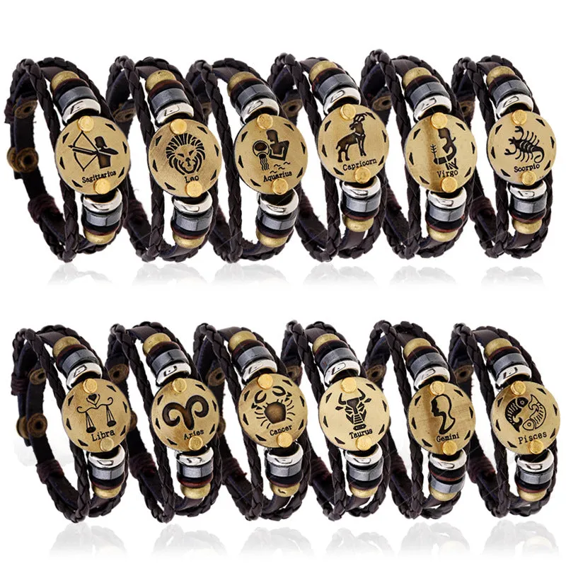 Ornament Beaded 12 Constellation Cattle Leather Bracelet Personalized Birthday Gifts Woven Adjustable Trendy Leather Bracelet