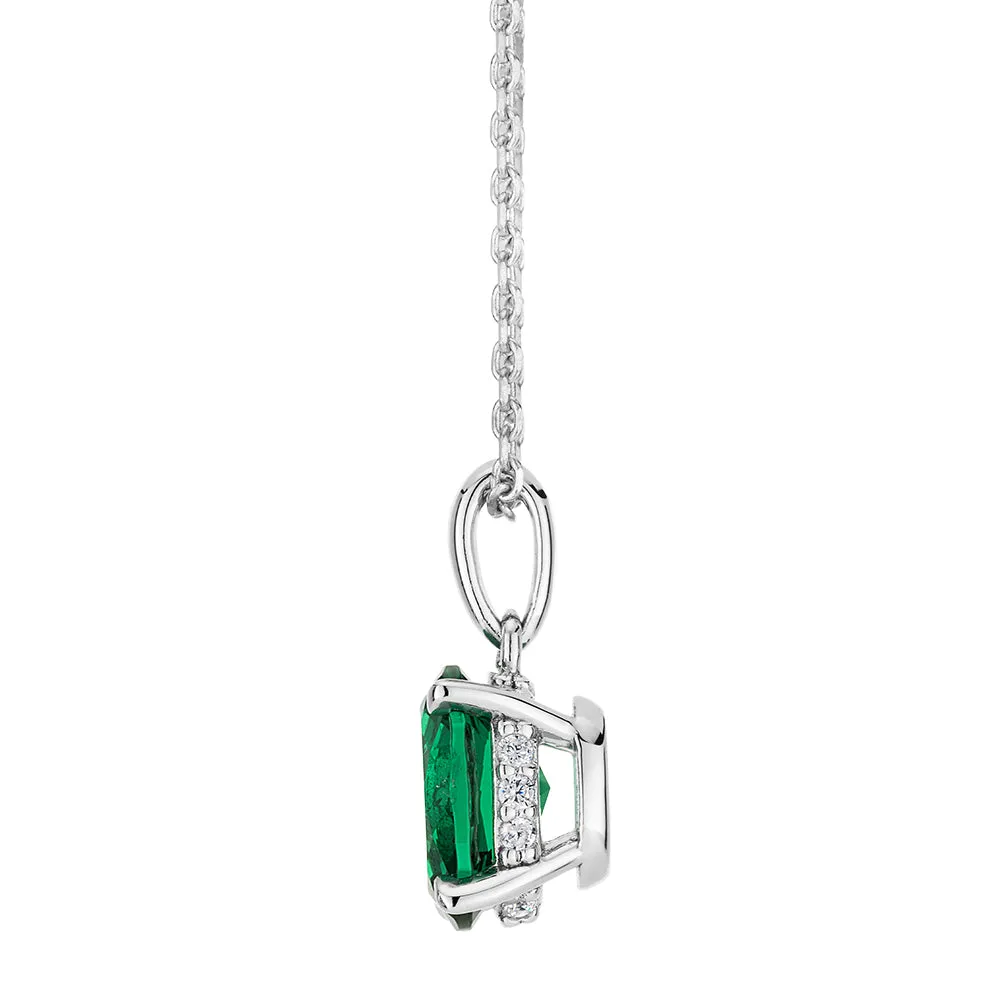 Oval and Round Brilliant solitaire necklace with emerald and diamond simulants in sterling silver