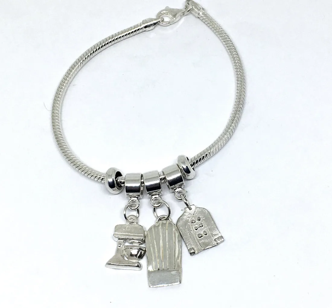 Pastry Chef European Style Charm Bracelet in Sterling Silver