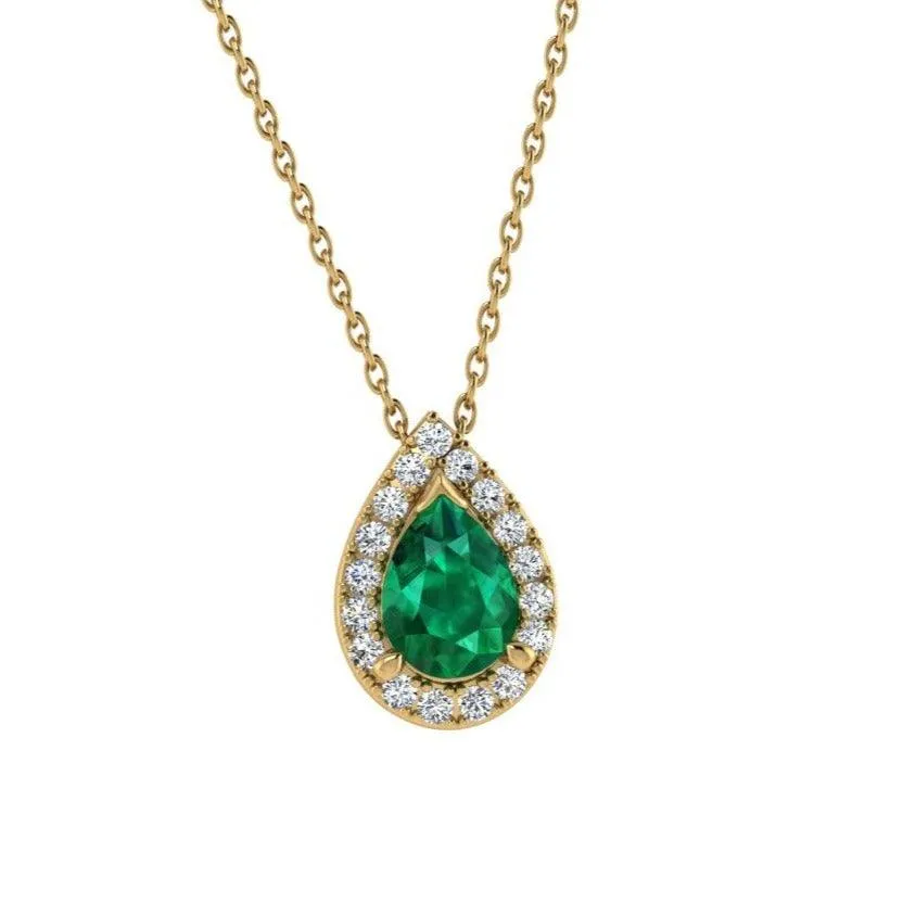 Pear Emerald and Diamond Halo Drop Necklace