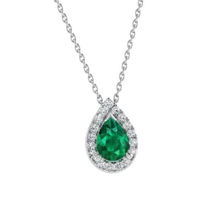 Pear Emerald and Diamond Halo Drop Necklace