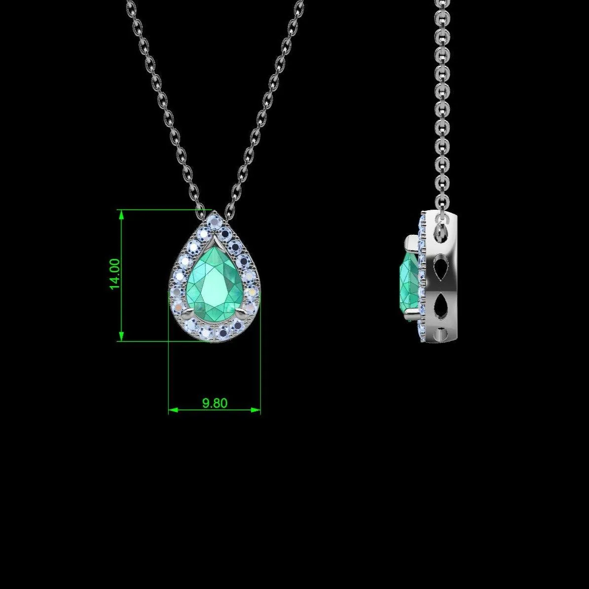 Pear Emerald and Diamond Halo Drop Necklace