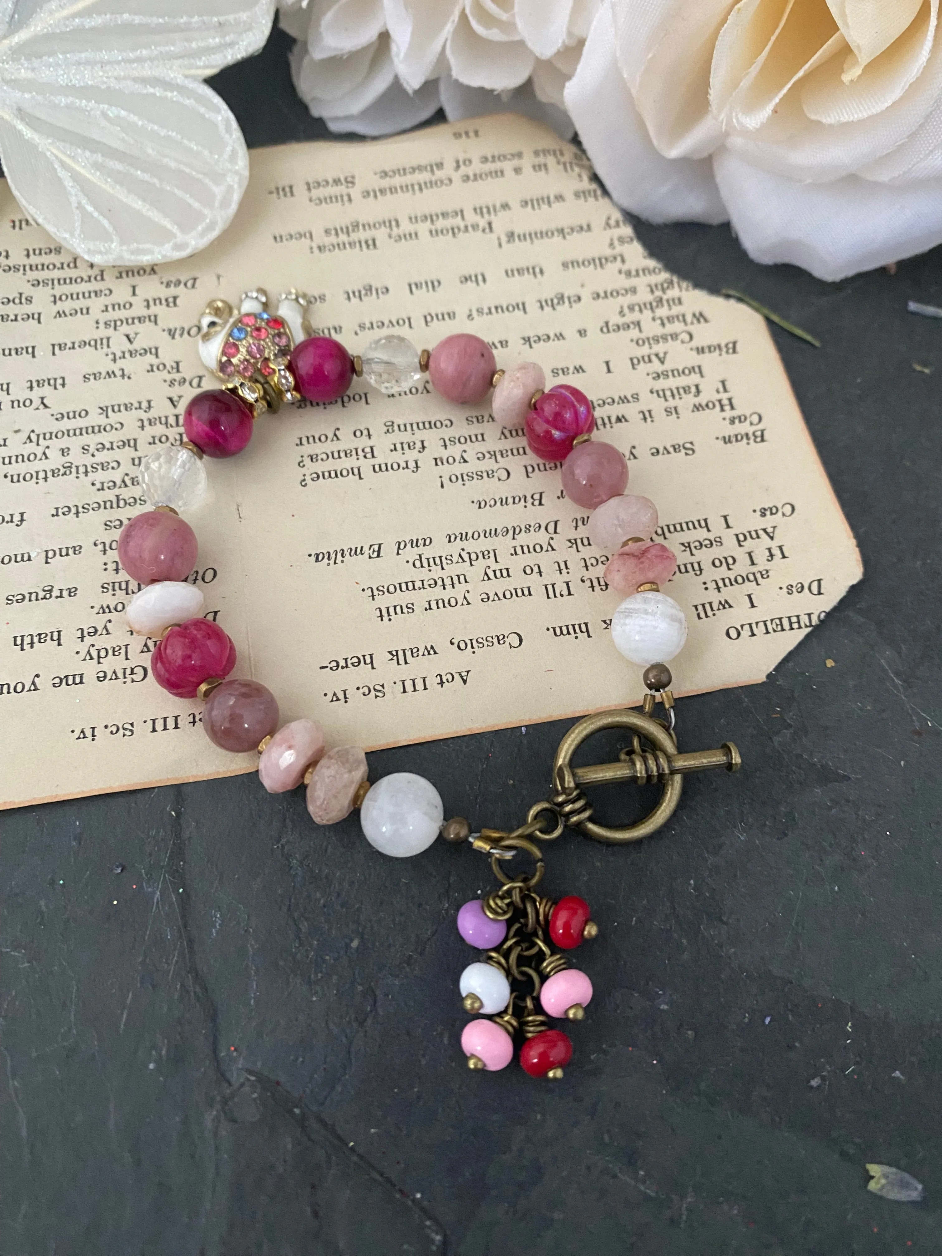 Pink gemstone mix, elephant crystal charm bracelet