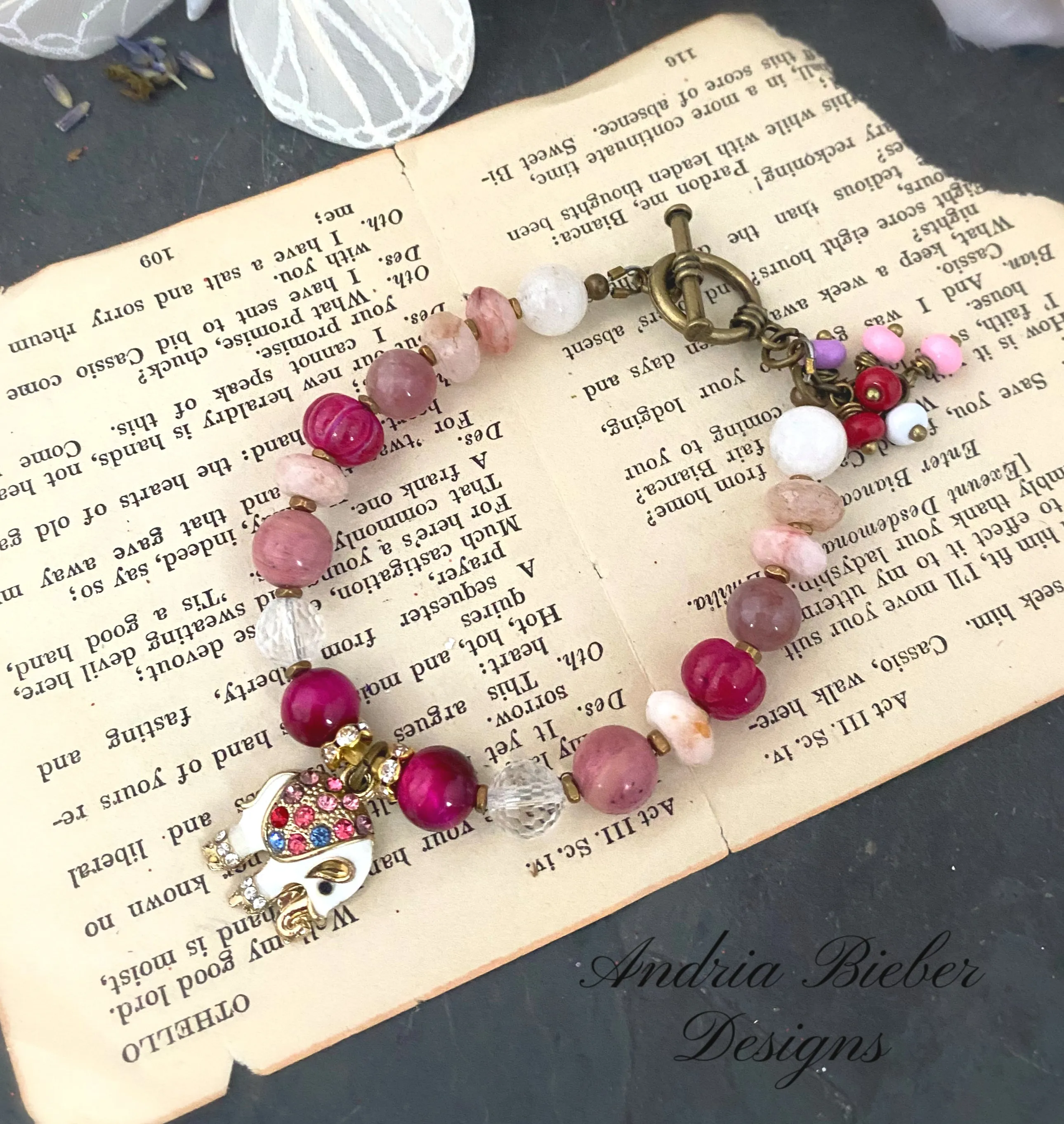 Pink gemstone mix, elephant crystal charm bracelet