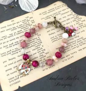 Pink gemstone mix, elephant crystal charm bracelet