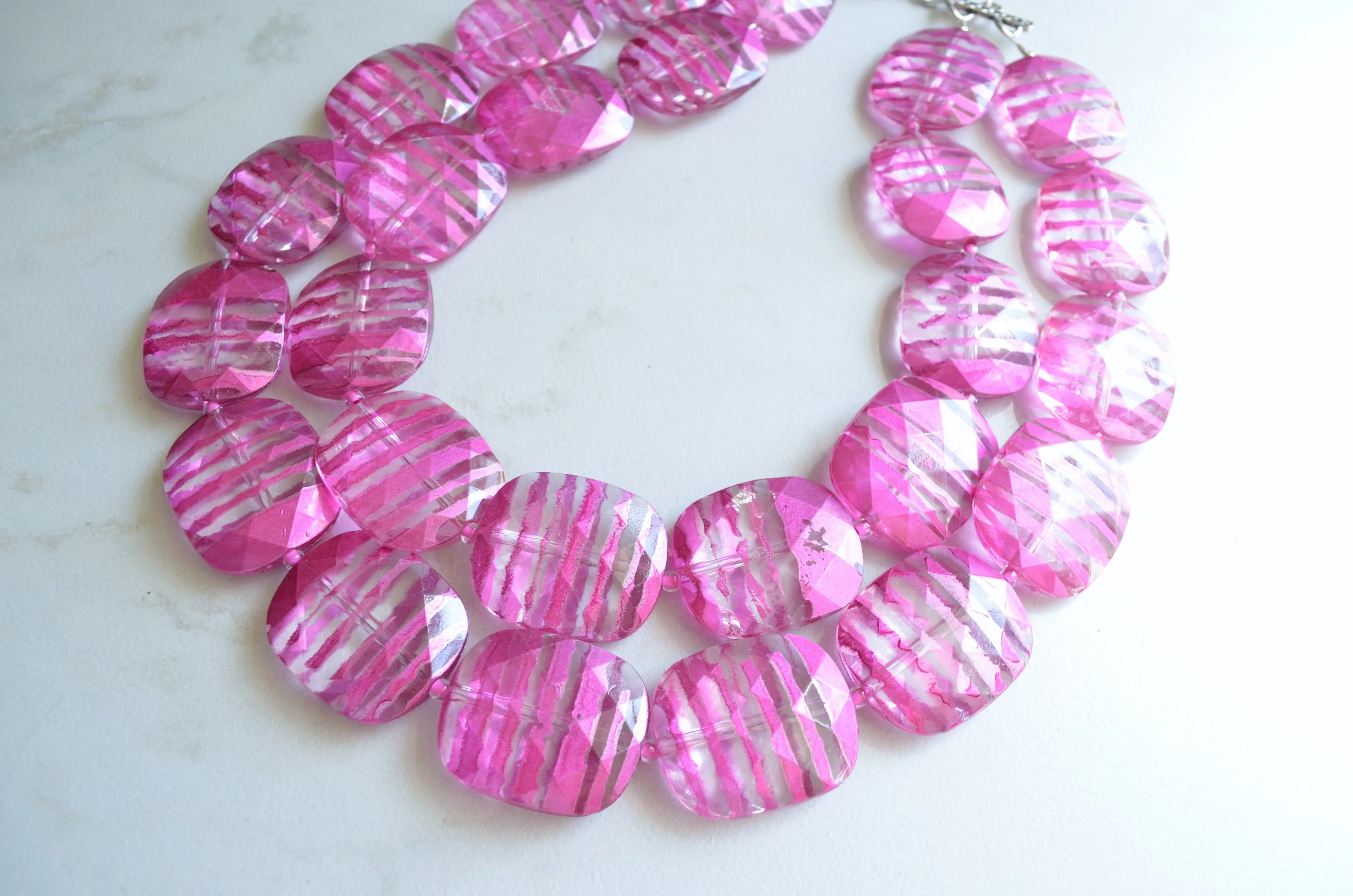 Pink Lucite Chunky Beaded Multi Strand Statement Necklace - Flora