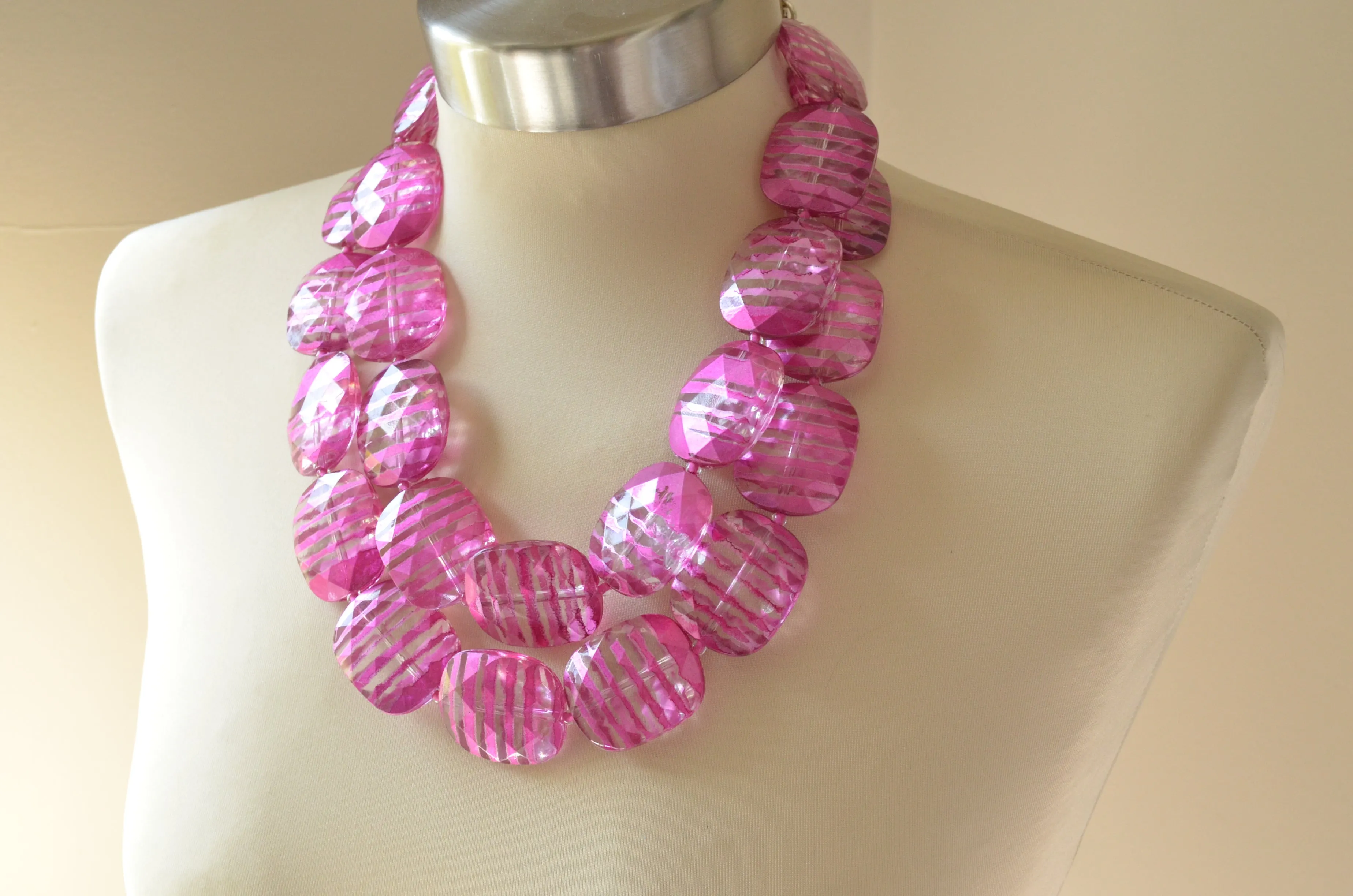 Pink Lucite Chunky Beaded Multi Strand Statement Necklace - Flora