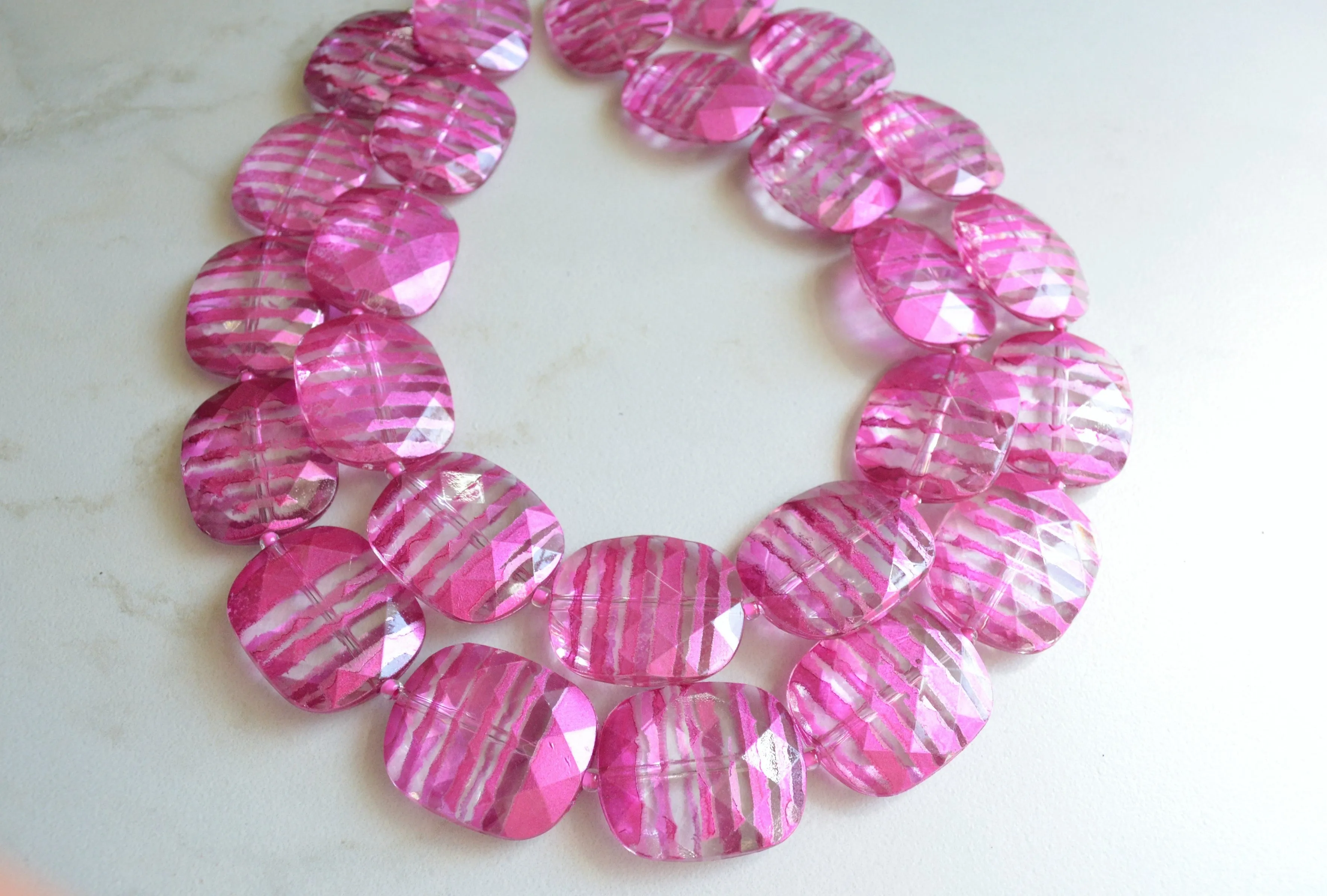 Pink Lucite Chunky Beaded Multi Strand Statement Necklace - Flora