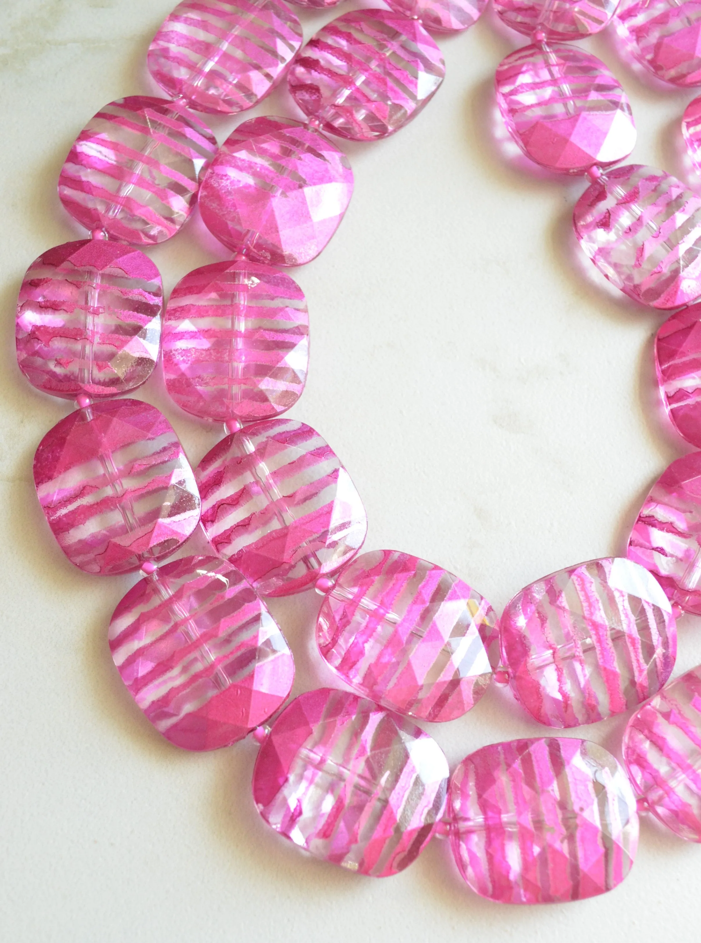 Pink Lucite Chunky Beaded Multi Strand Statement Necklace - Flora