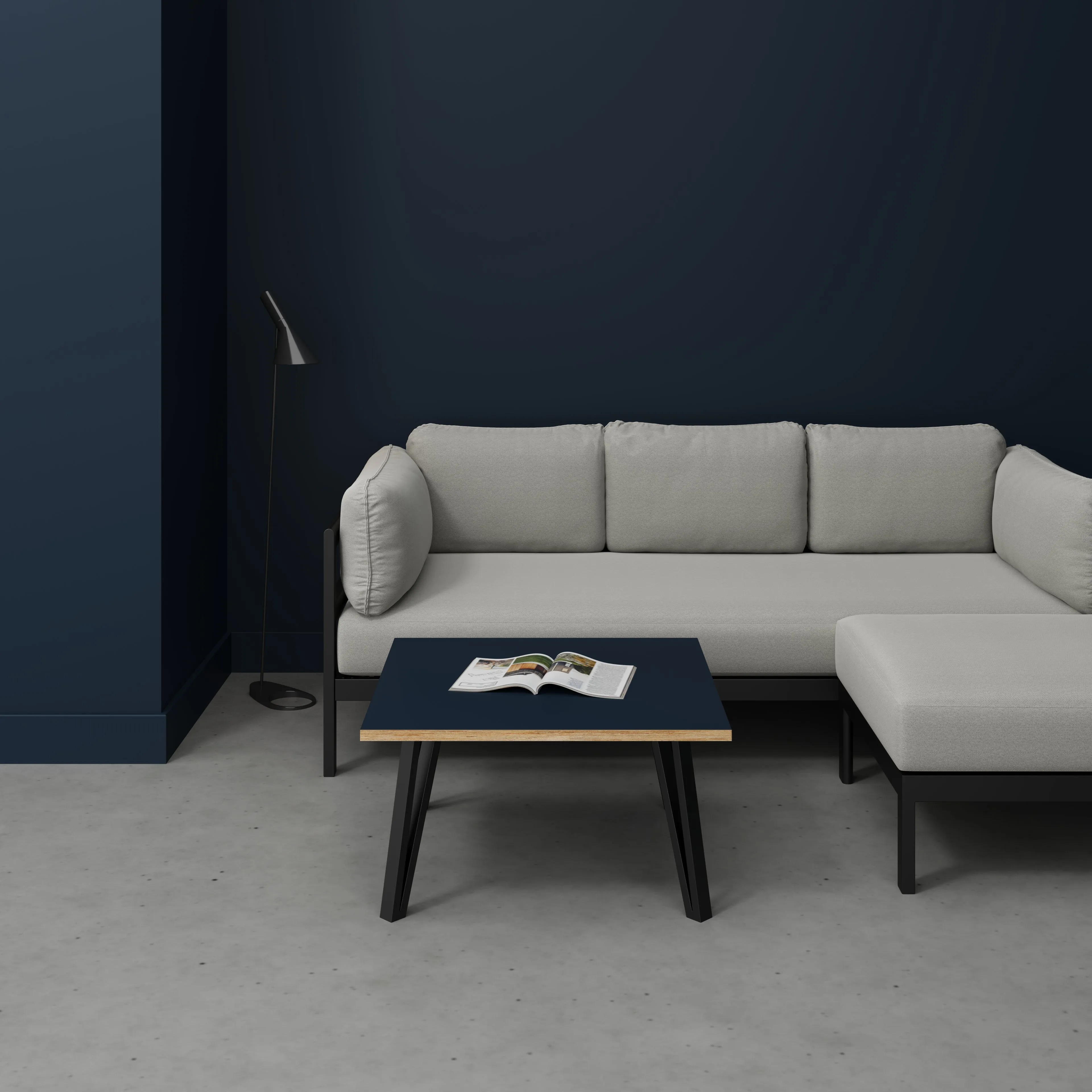 Plywood Coffee Table with Black Box Hairpin Legs - Formica Night Sea Blue - 800(w) x 800(d) x 425(h)