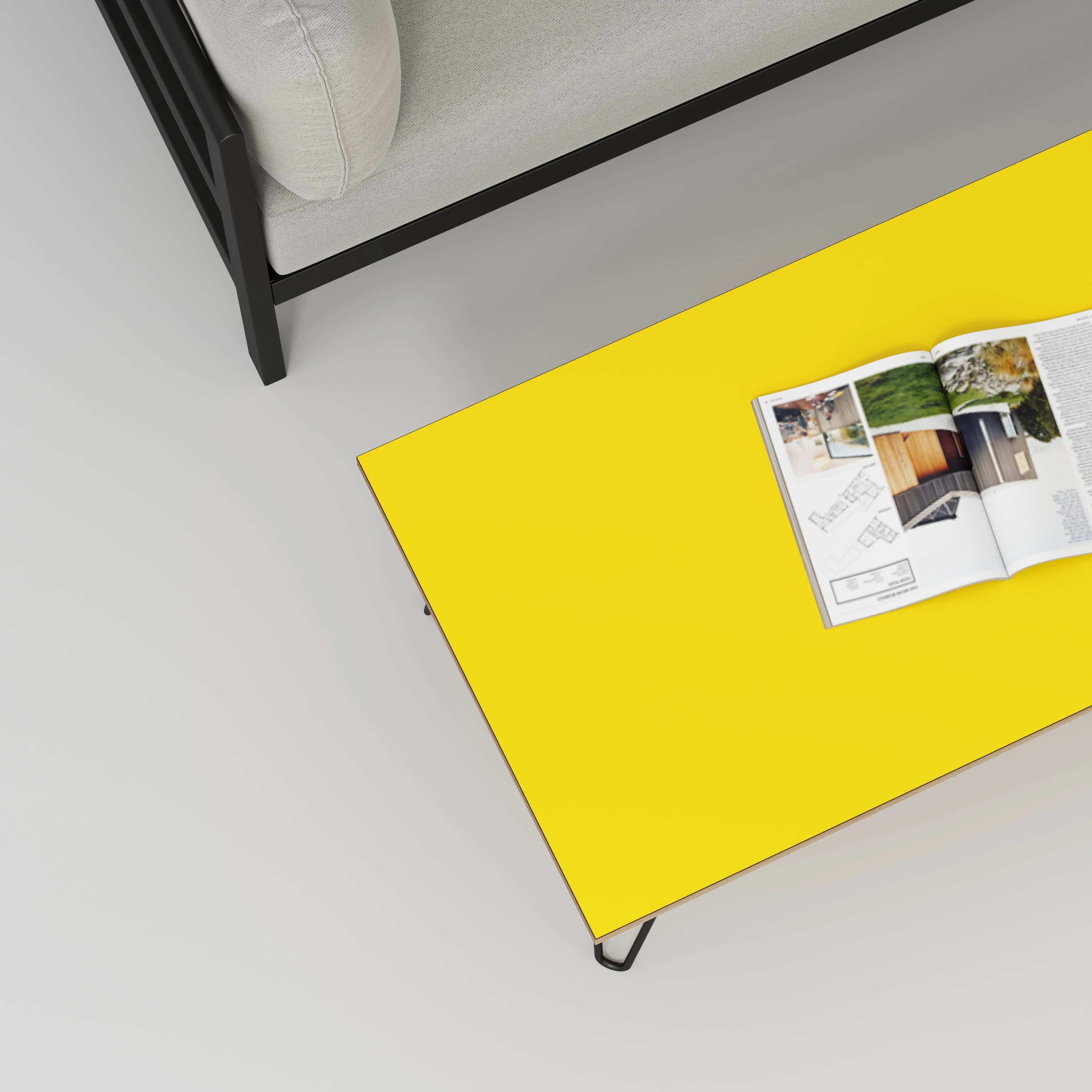 Plywood Coffee Table with Black Hairpin Legs - Formica Chrome Yellow - 1200(w) x 600(d) x 425(h)