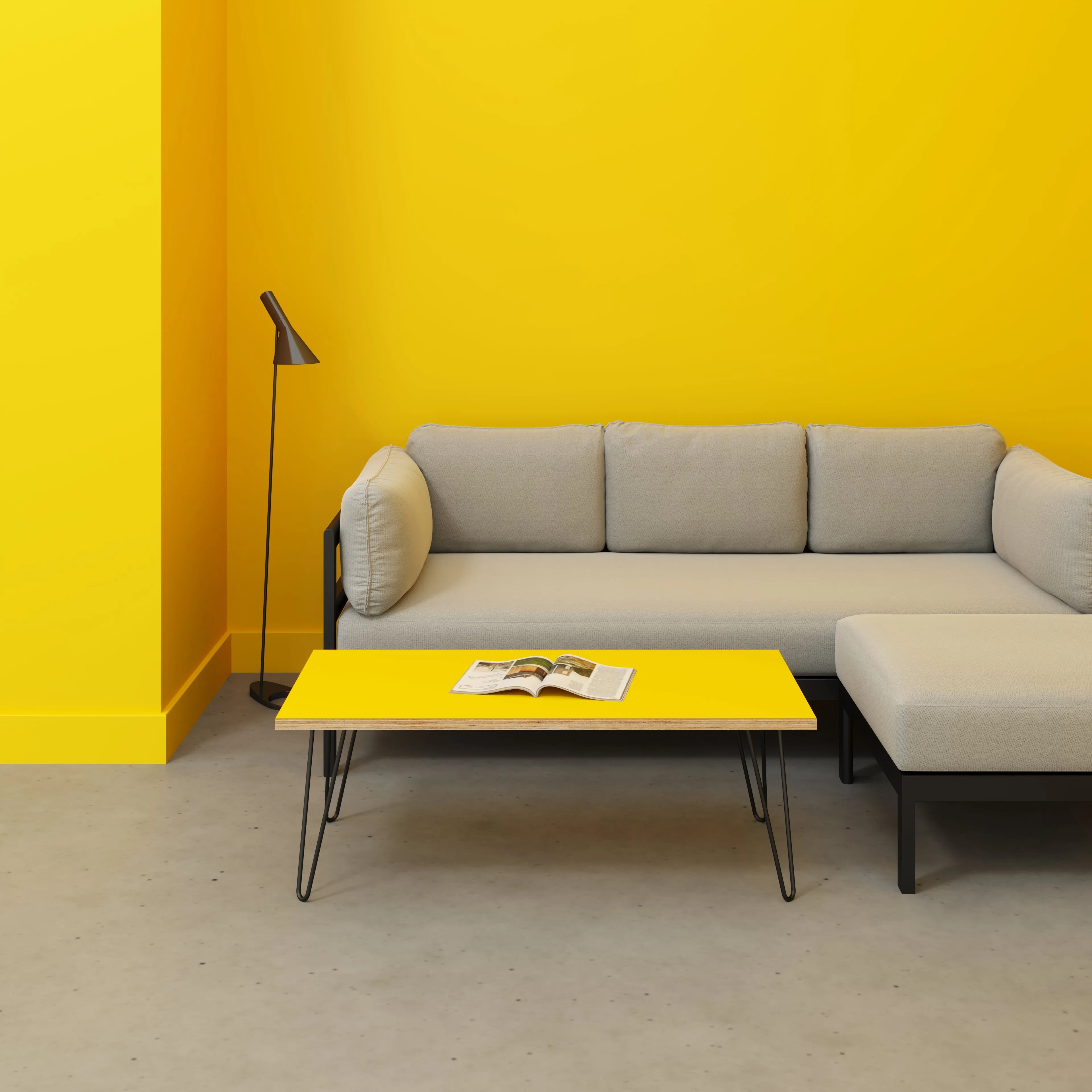 Plywood Coffee Table with Black Hairpin Legs - Formica Chrome Yellow - 1200(w) x 600(d) x 425(h)