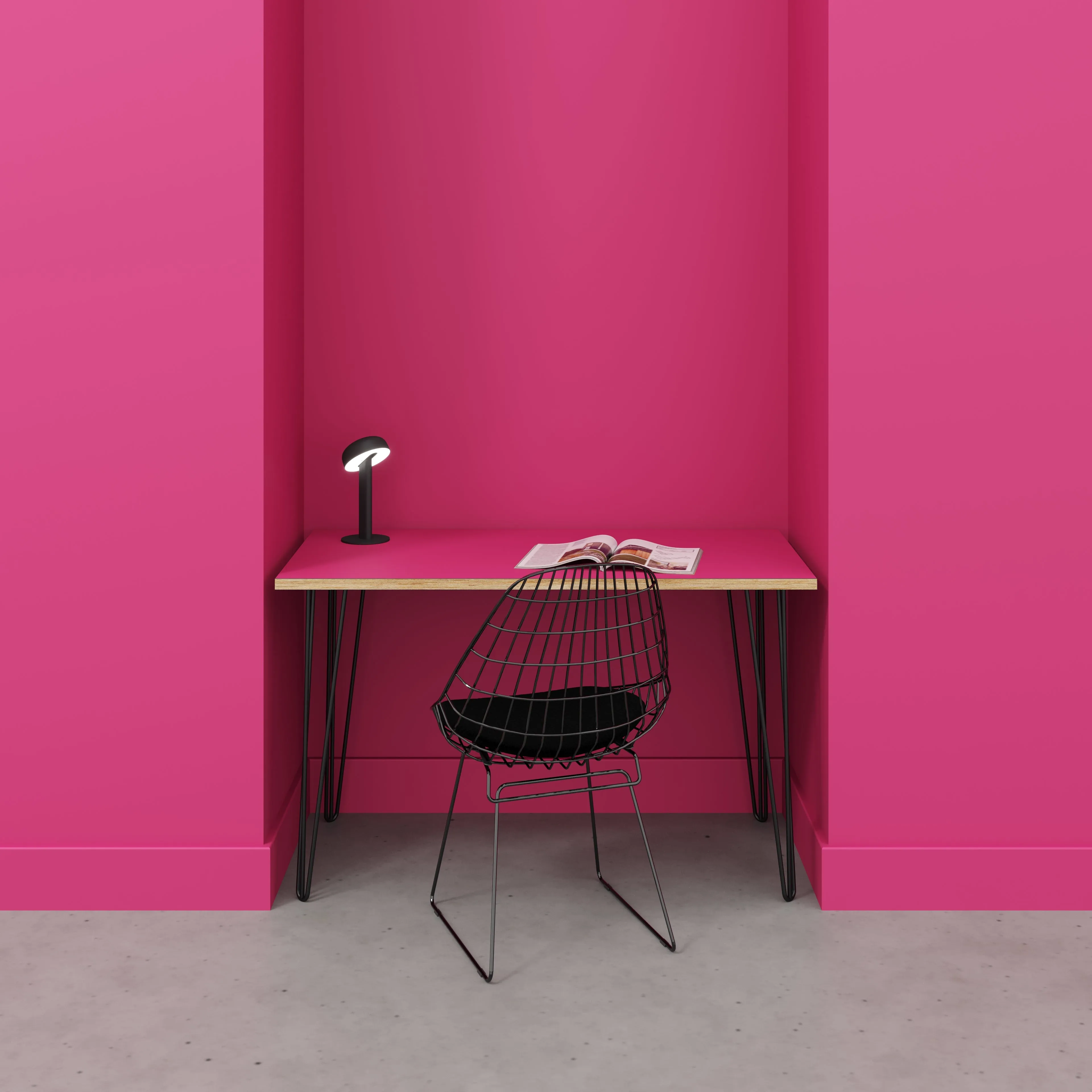 Plywood Desk with Black Hairpin Legs - Formica Juicy Pink - 1200(w) x 600(d) x 735(h)