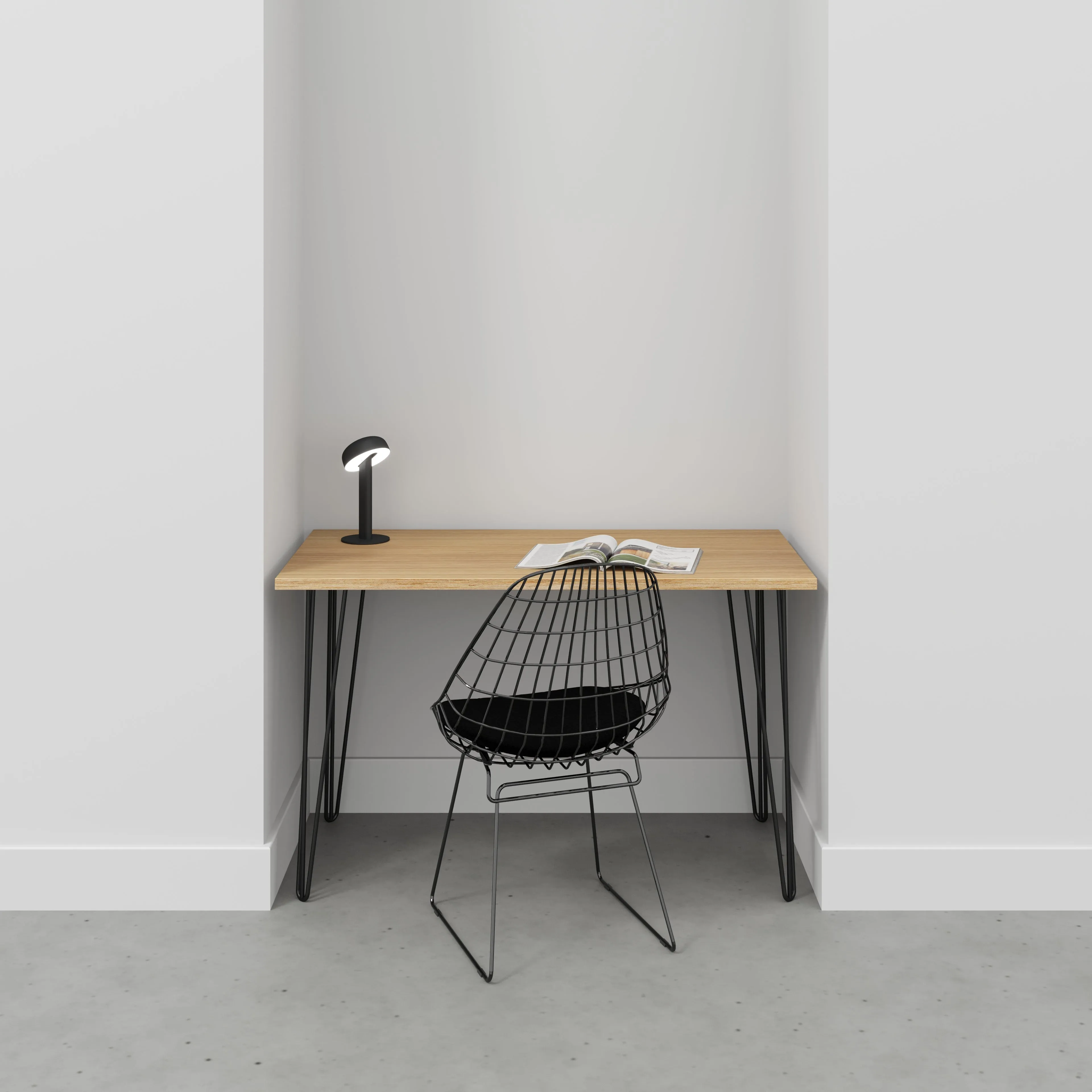 Plywood Desk with Black Hairpin Legs - Plywood Oak - 1200(w) x 600(d) x 735(h)