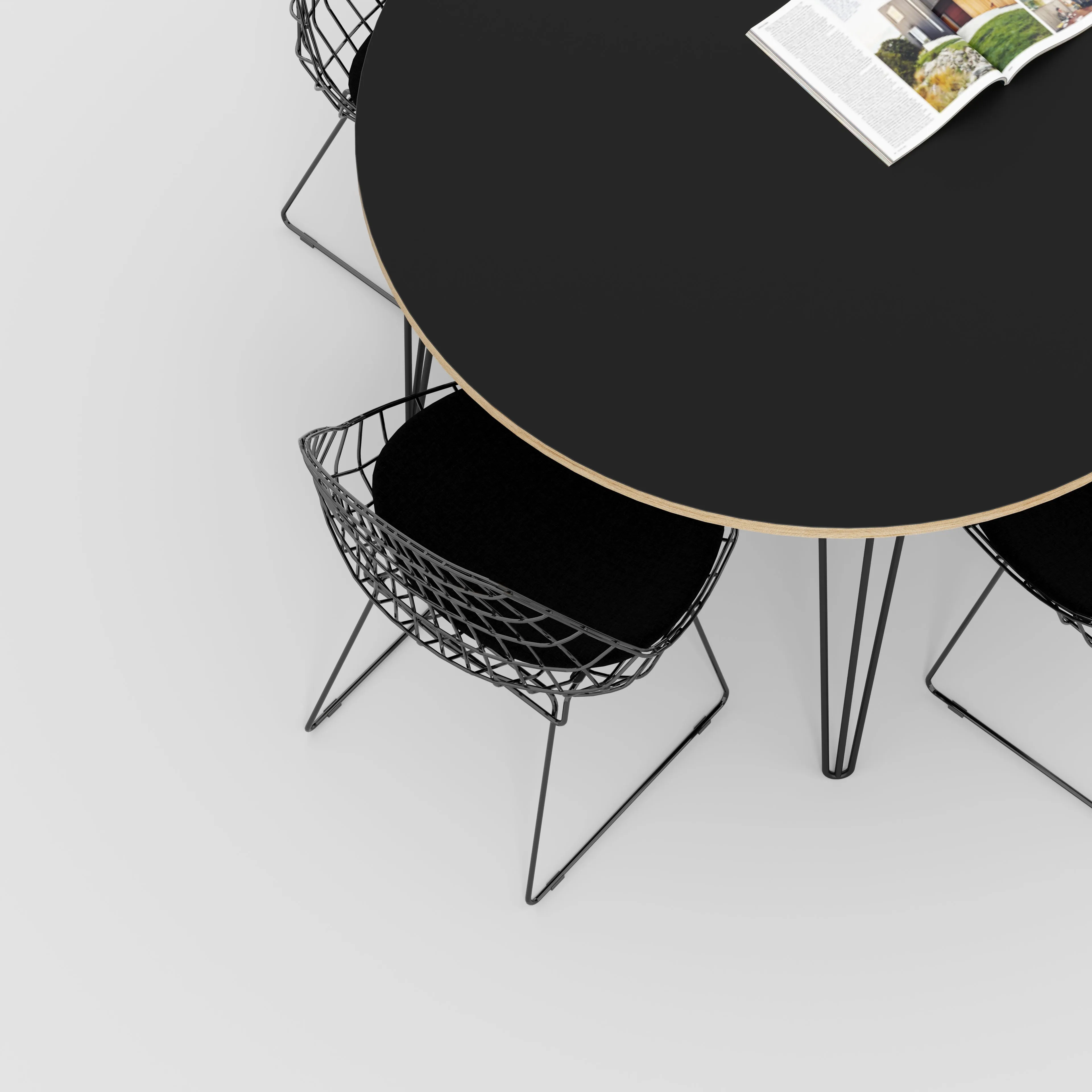 Plywood Round Table with Black Hairpin Legs - Formica Diamond Black - 1200(dia) x 735(h)