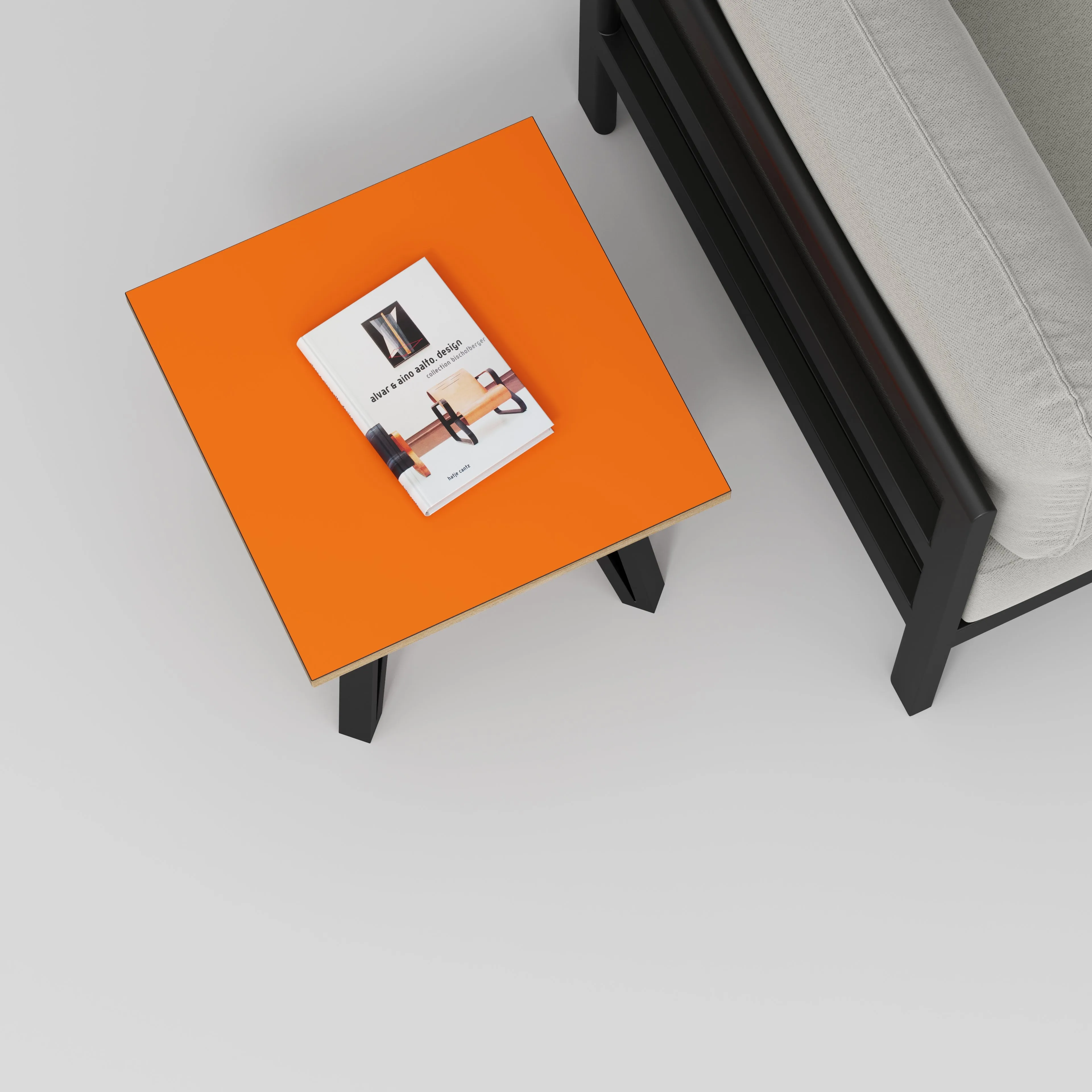 Plywood Side Table with Black Box Hairpin Legs - Formica Levante Orange - 500(w) x 500(d) x 425(h)