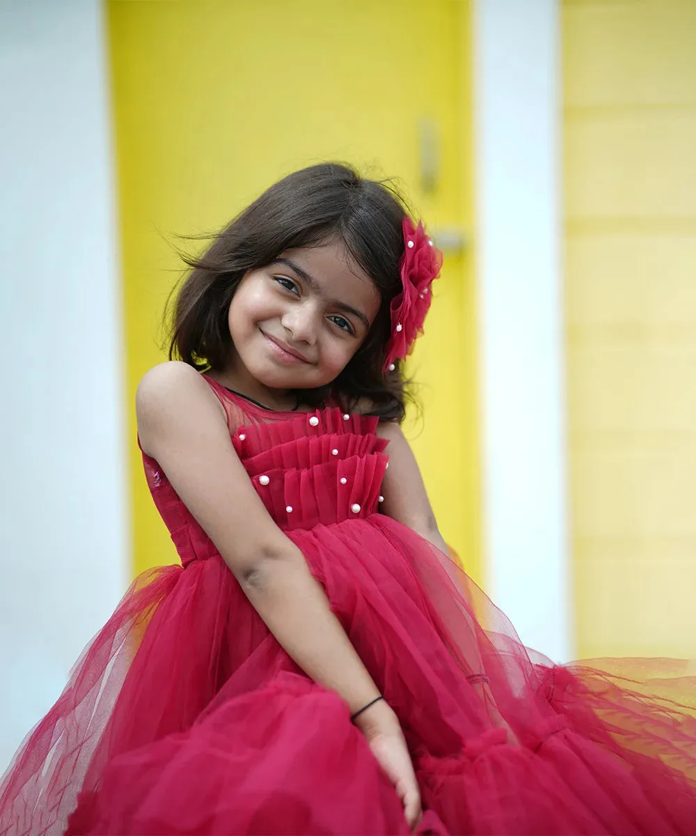 Pre-order: Maroon Colored Designer Frock for Girls (DM For Price)