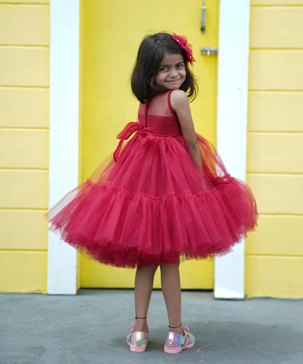 Pre-order: Maroon Colored Designer Frock for Girls (DM For Price)