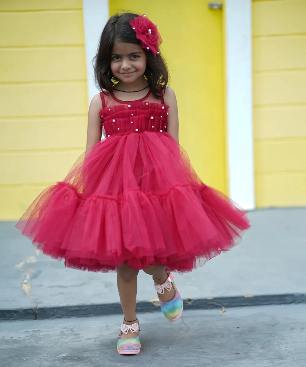 Pre-order: Maroon Colored Designer Frock for Girls (DM For Price)