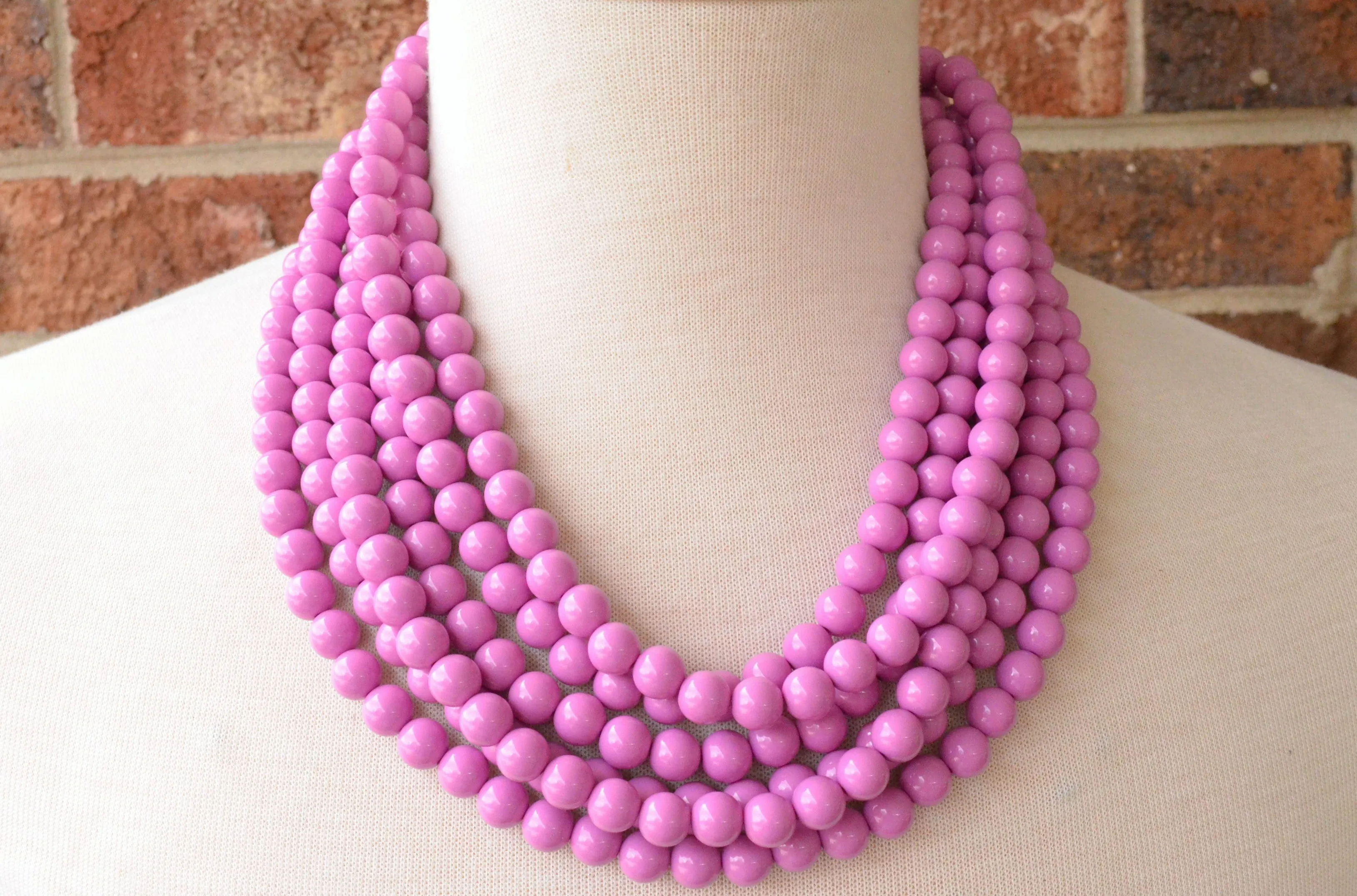 Purple Pink Lavender Acrylic Lucite Bead Chunky Multi Strand Statement Necklace - Alana