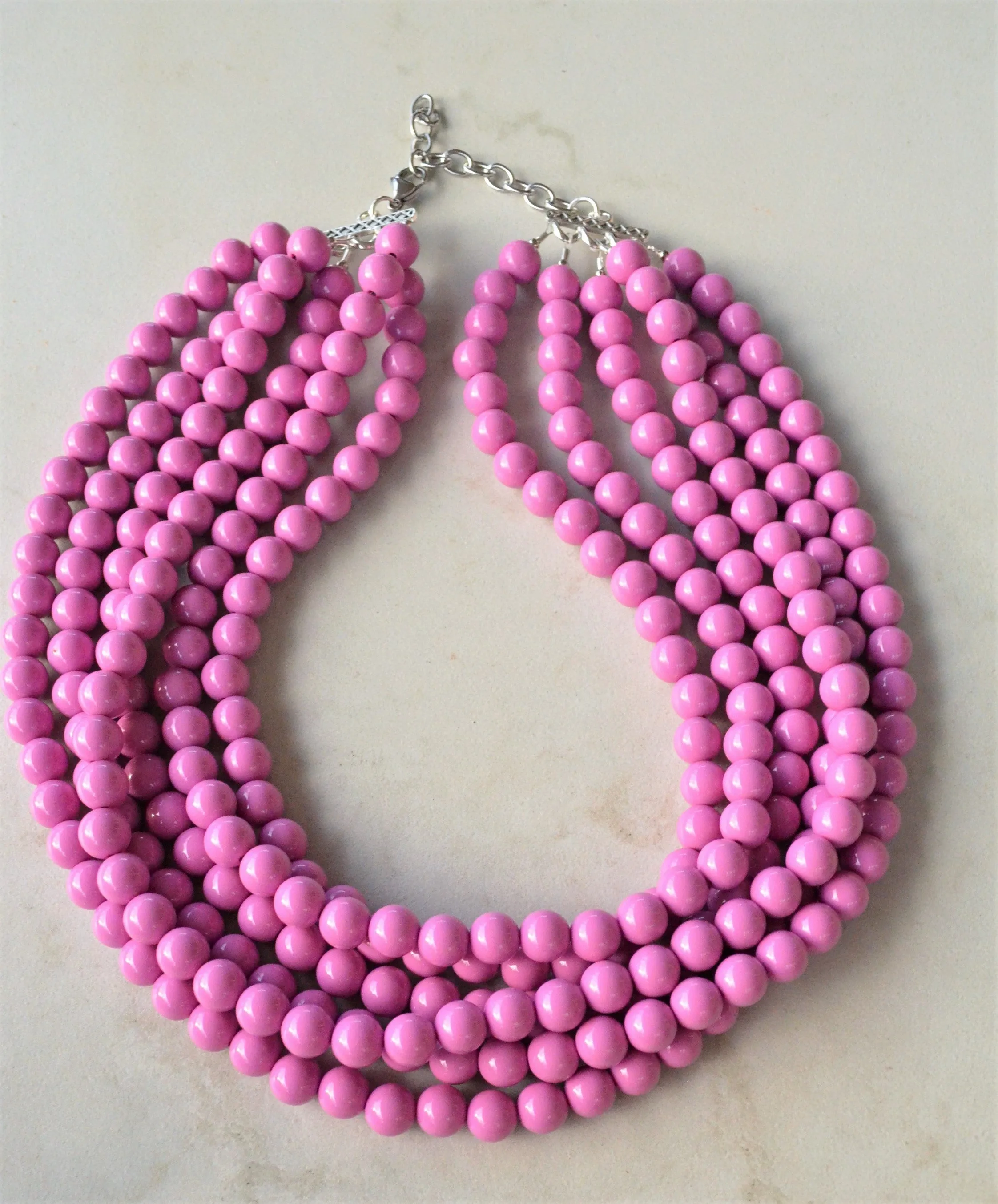 Purple Pink Lavender Acrylic Lucite Bead Chunky Multi Strand Statement Necklace - Alana