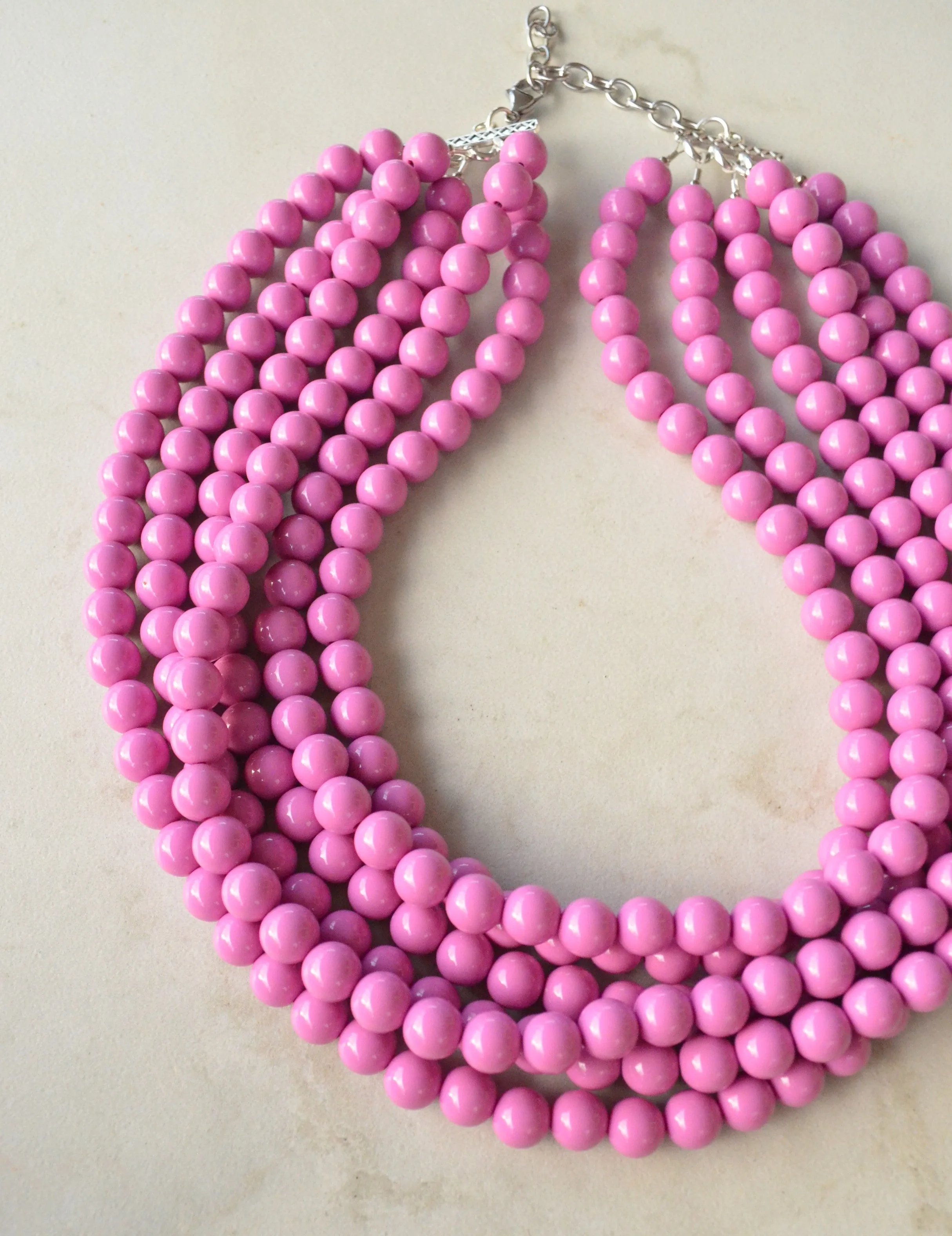 Purple Pink Lavender Acrylic Lucite Bead Chunky Multi Strand Statement Necklace - Alana