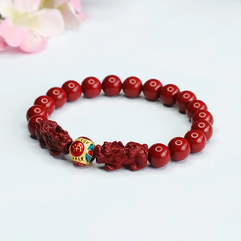 Purple Sand Double Pixiu Sterling Silver Bracelet with Cinnabar Stone