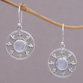 Rainbow Moonstone and 925 Silver Circular Earrings from Bali - Rainbow Plains | NOVICA
