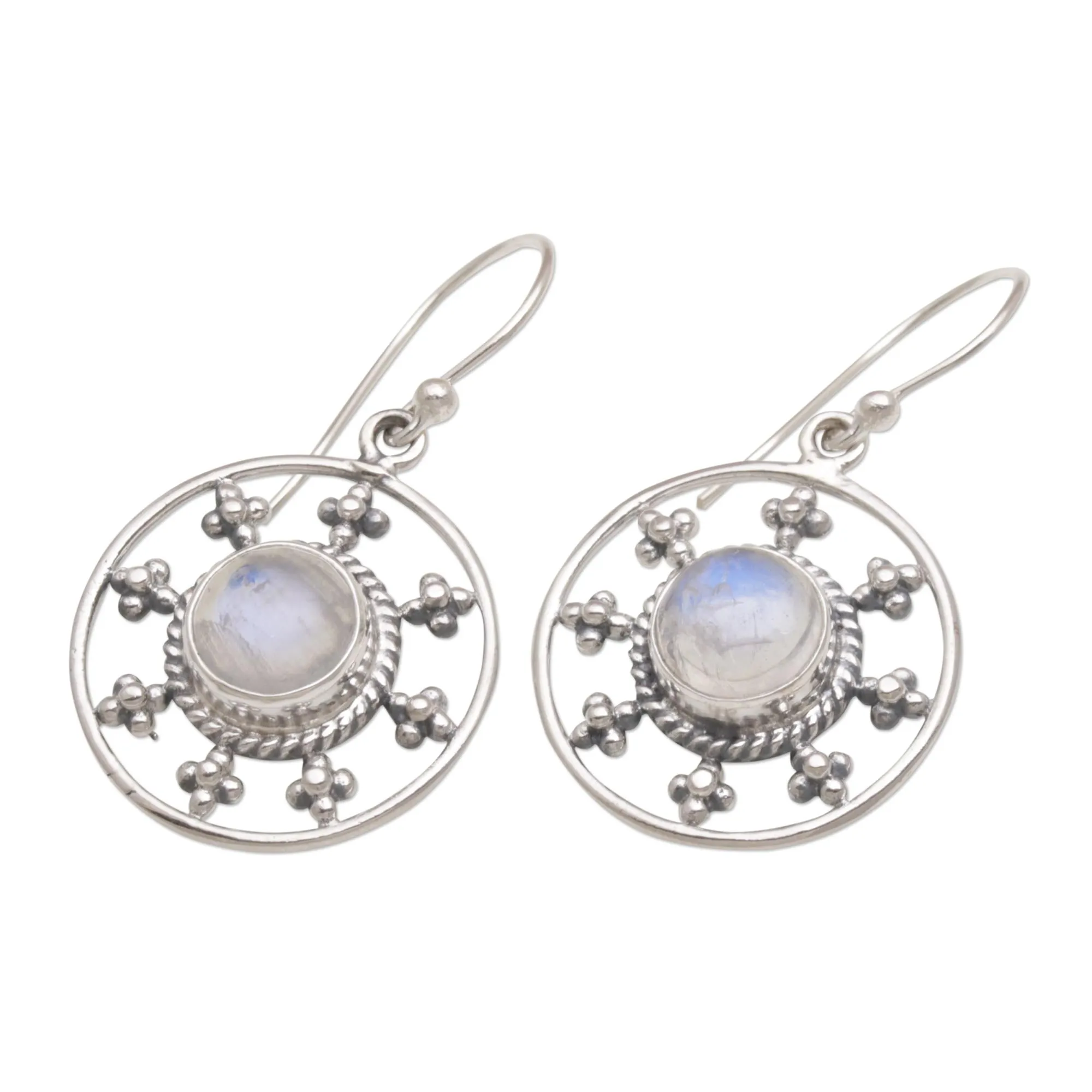 Rainbow Moonstone and 925 Silver Circular Earrings from Bali - Rainbow Plains | NOVICA