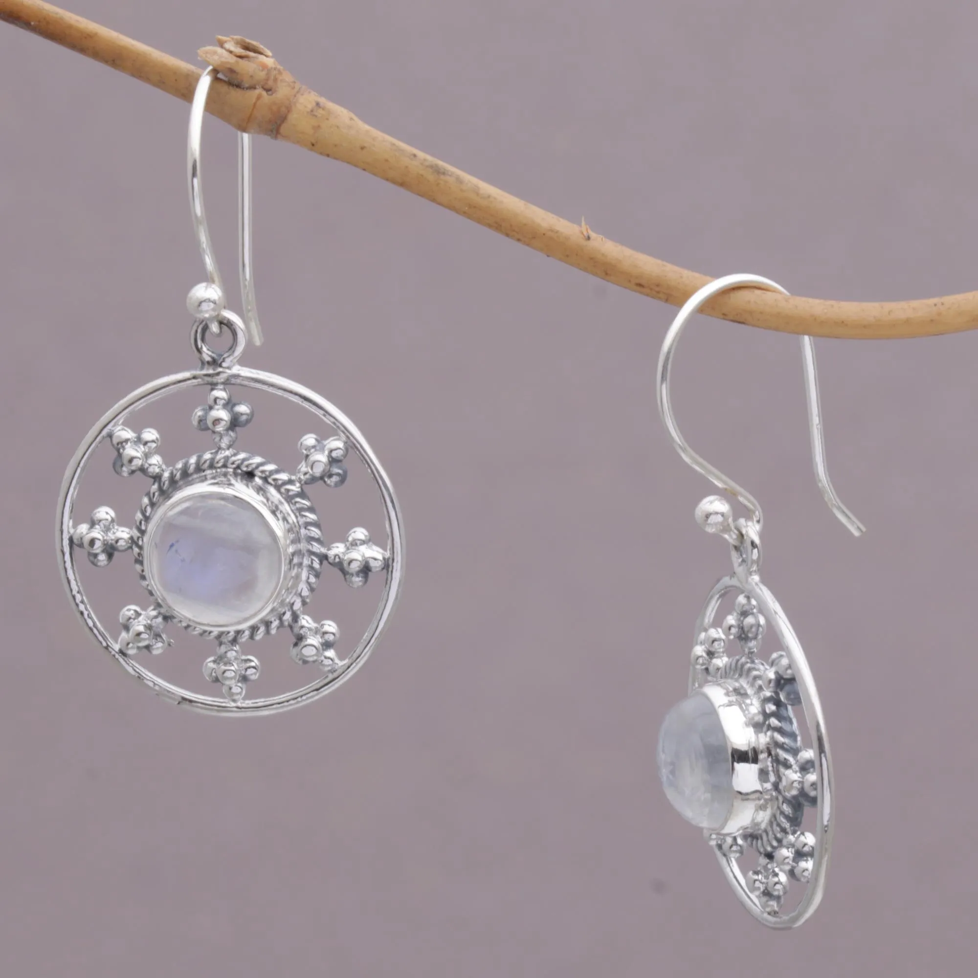Rainbow Moonstone and 925 Silver Circular Earrings from Bali - Rainbow Plains | NOVICA