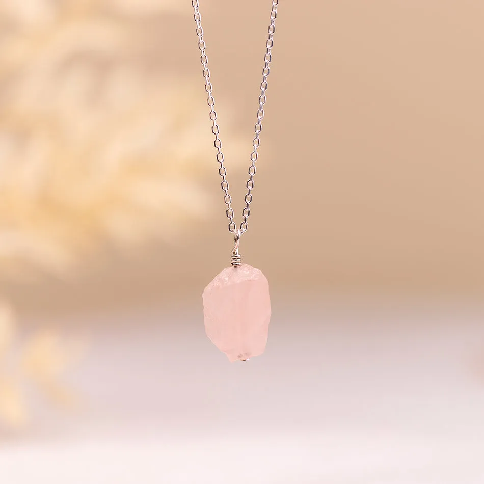 Raw Rose Quartz Necklace with Threaded Pendant