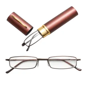 Reading Glasses Metal Spring Foot Portable Presbyopic Glasses with Tube Case  1.00D(Brown)