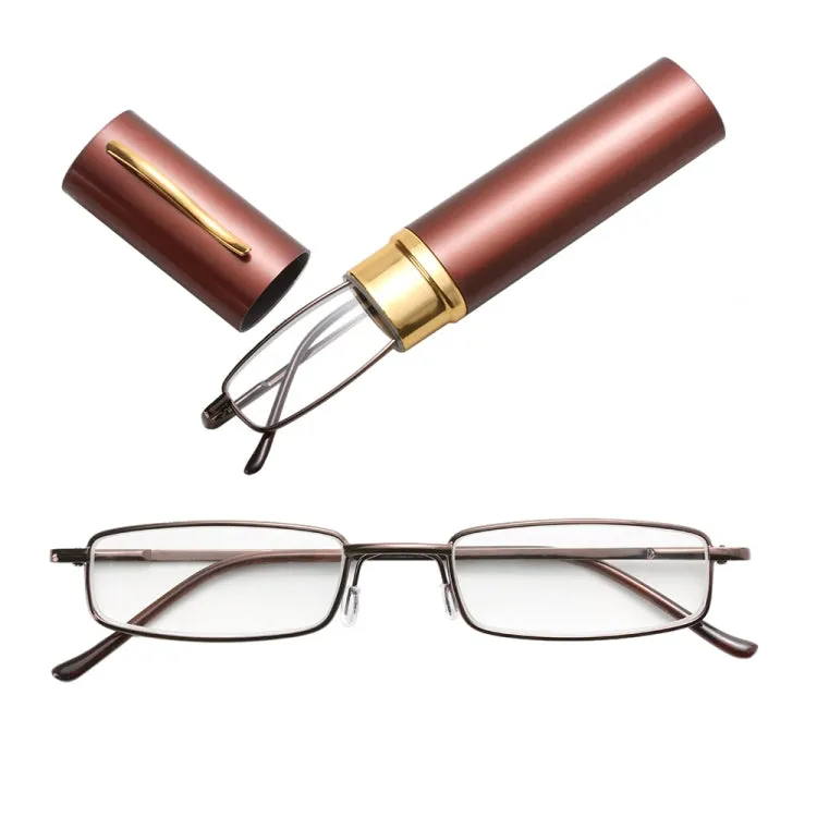 Reading Glasses Metal Spring Foot Portable Presbyopic Glasses with Tube Case  1.00D(Brown)