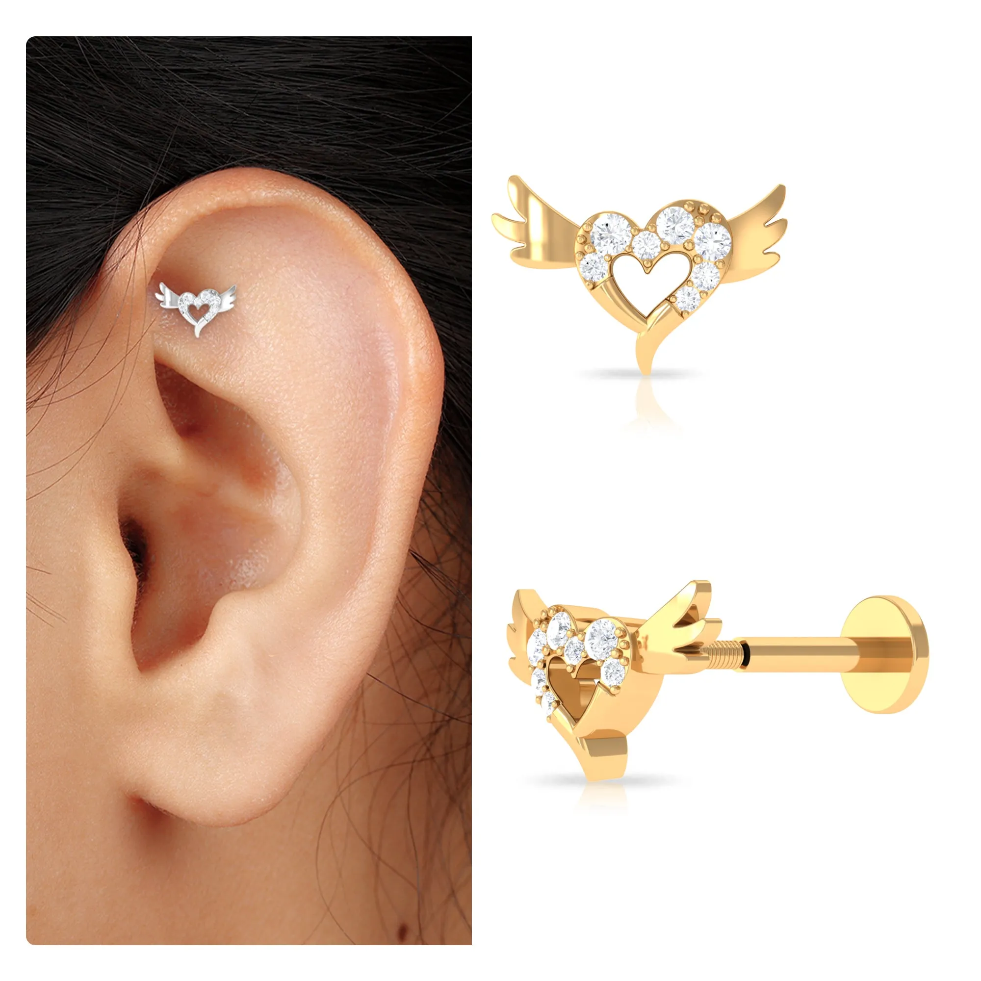 Real Diamond Heart Cartilage Earring with Gold Wings