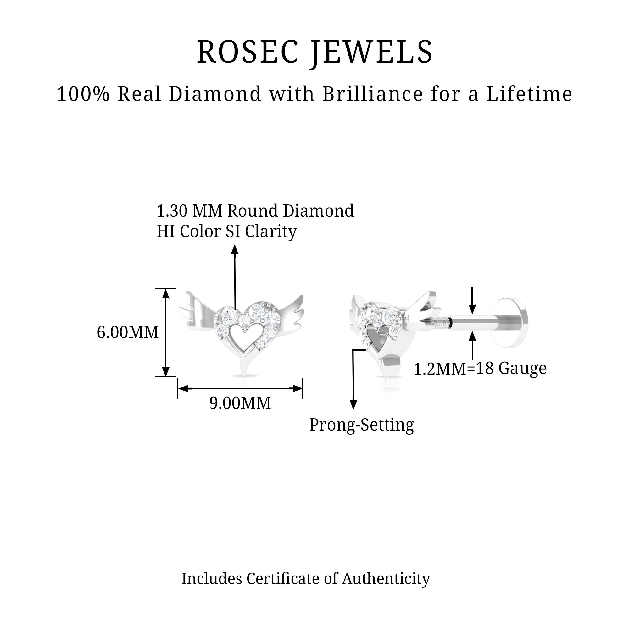 Real Diamond Heart Cartilage Earring with Gold Wings