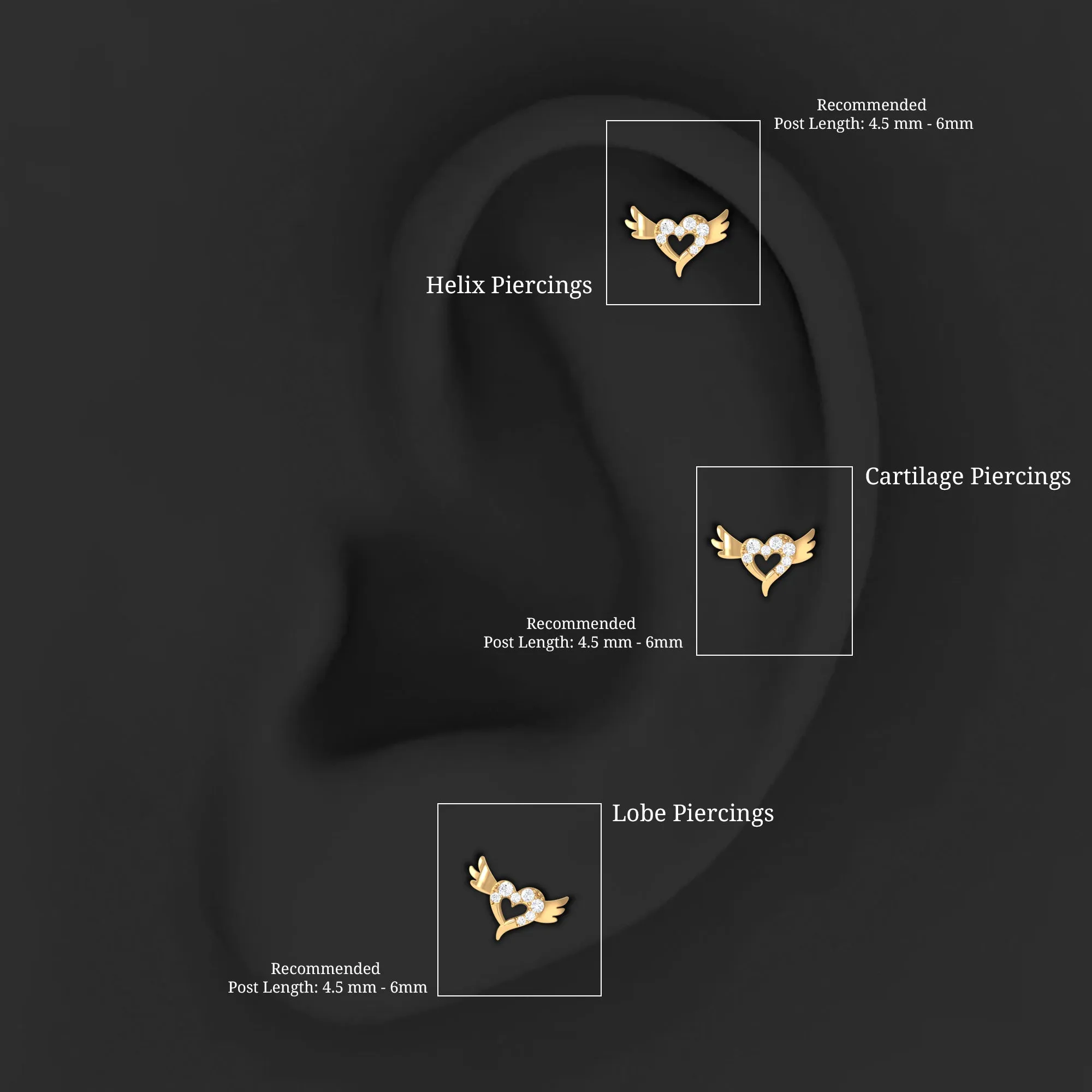 Real Diamond Heart Cartilage Earring with Gold Wings