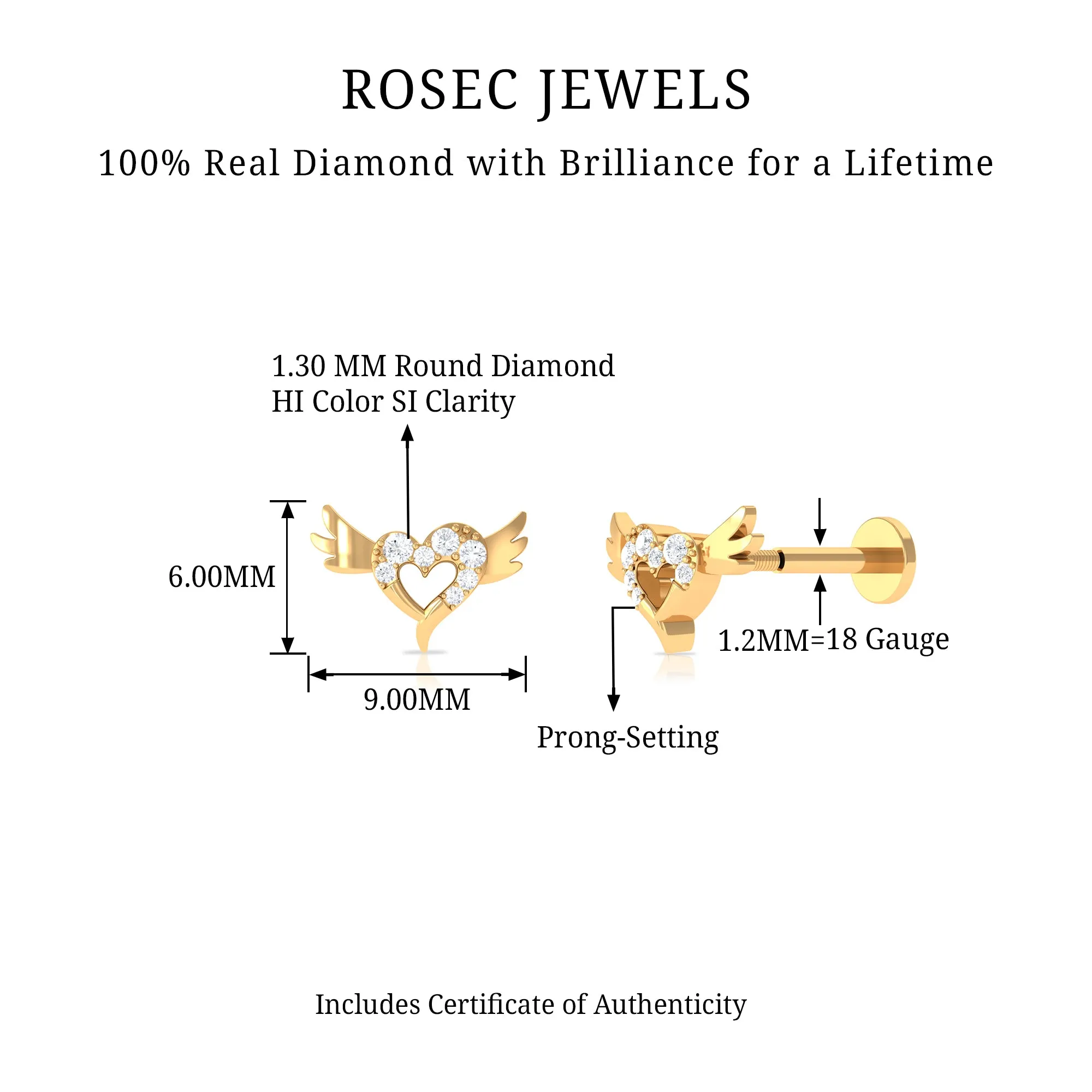 Real Diamond Heart Cartilage Earring with Gold Wings