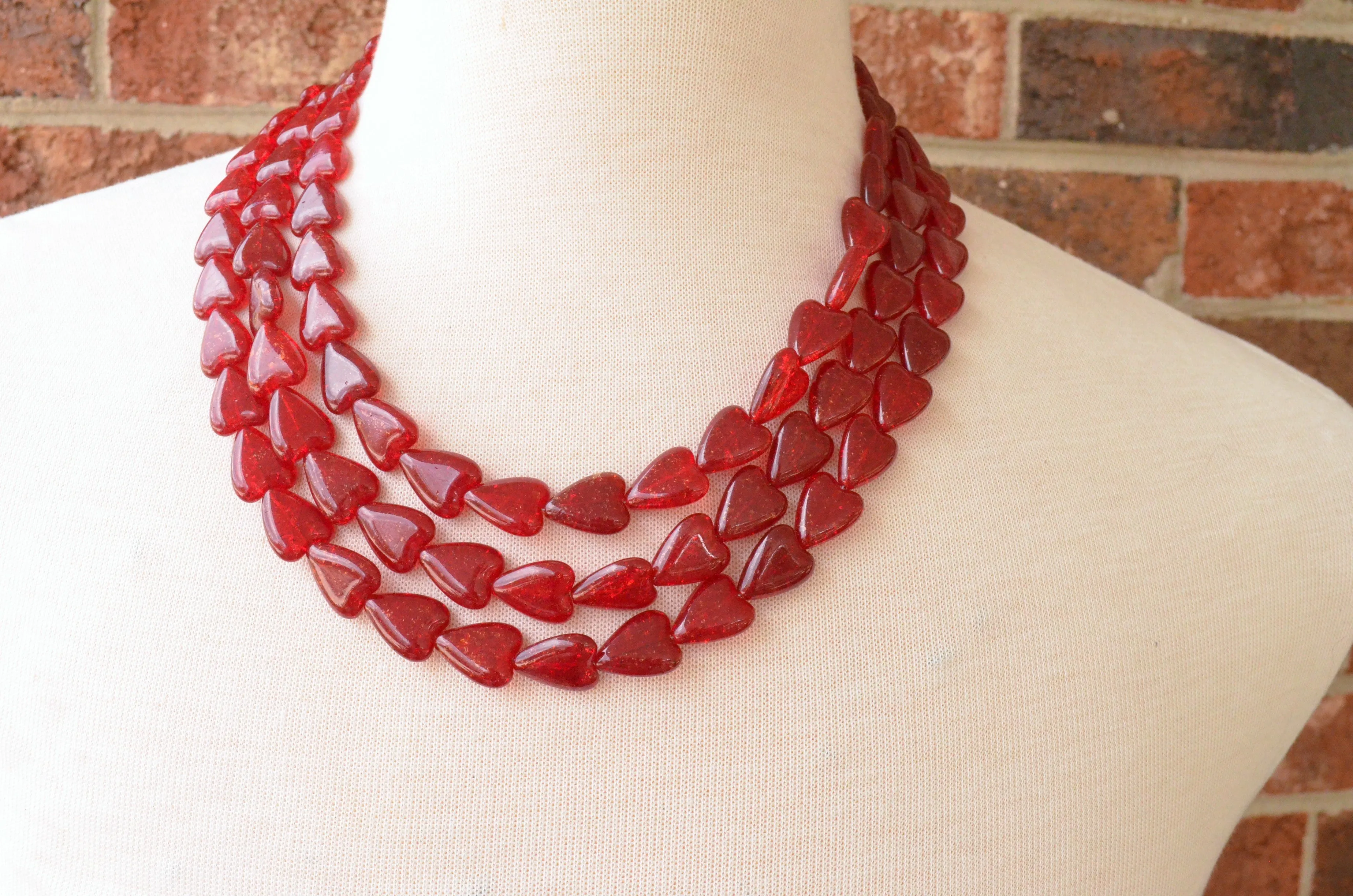 Red Heart Valentines Glass Bead Multi Strand Chunky Statement Necklace
